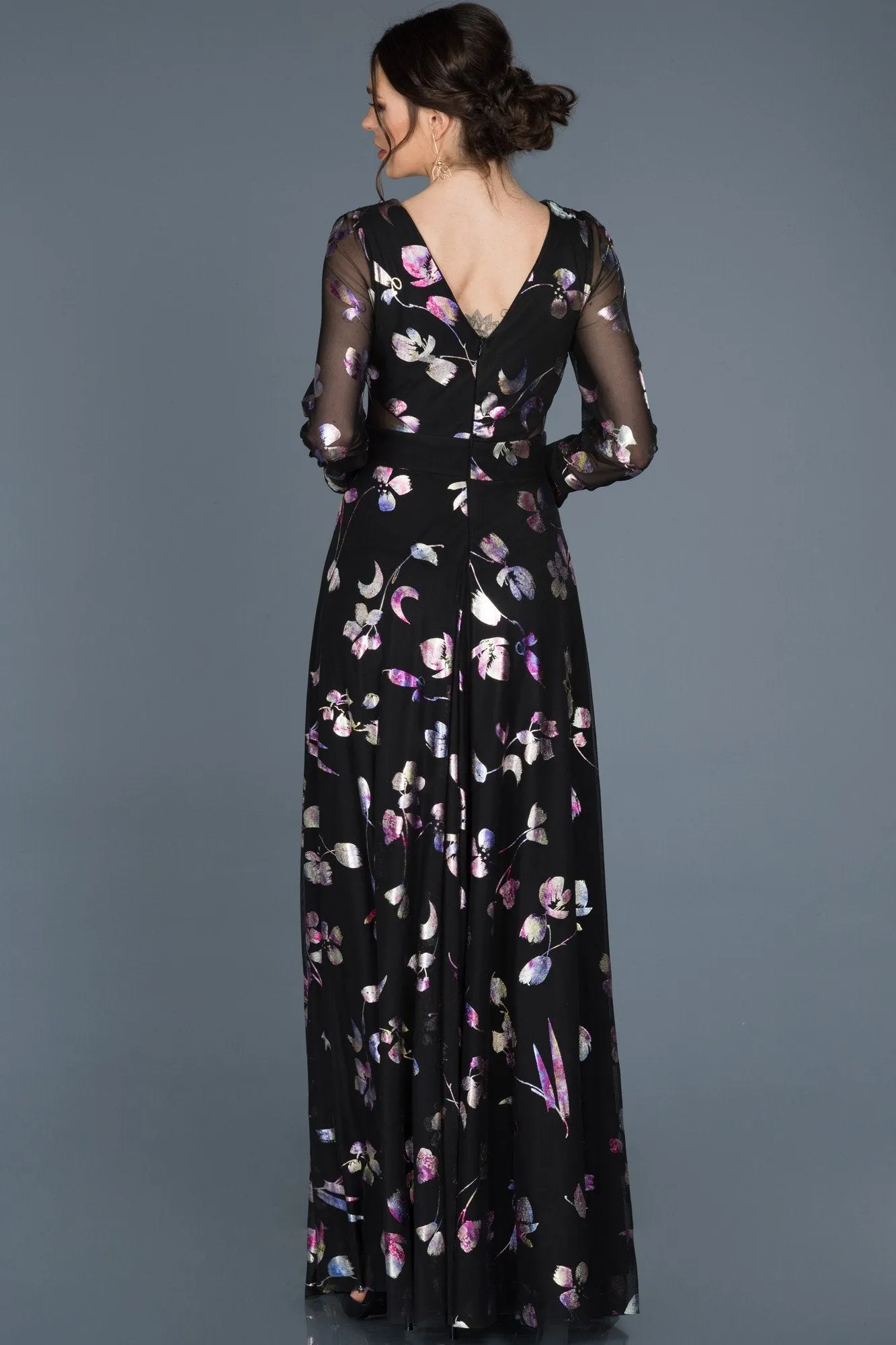 15760 Black Sheer Sleeve Floral Dress