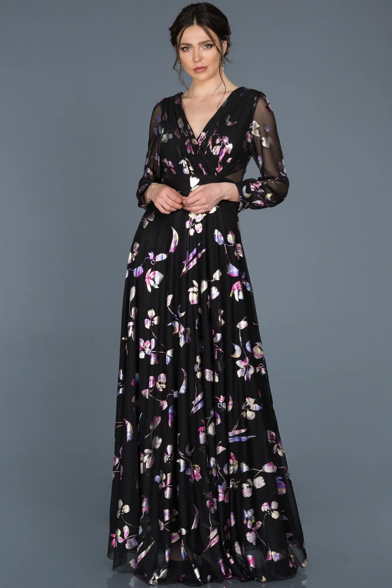 15760 Black Sheer Sleeve Floral Dress