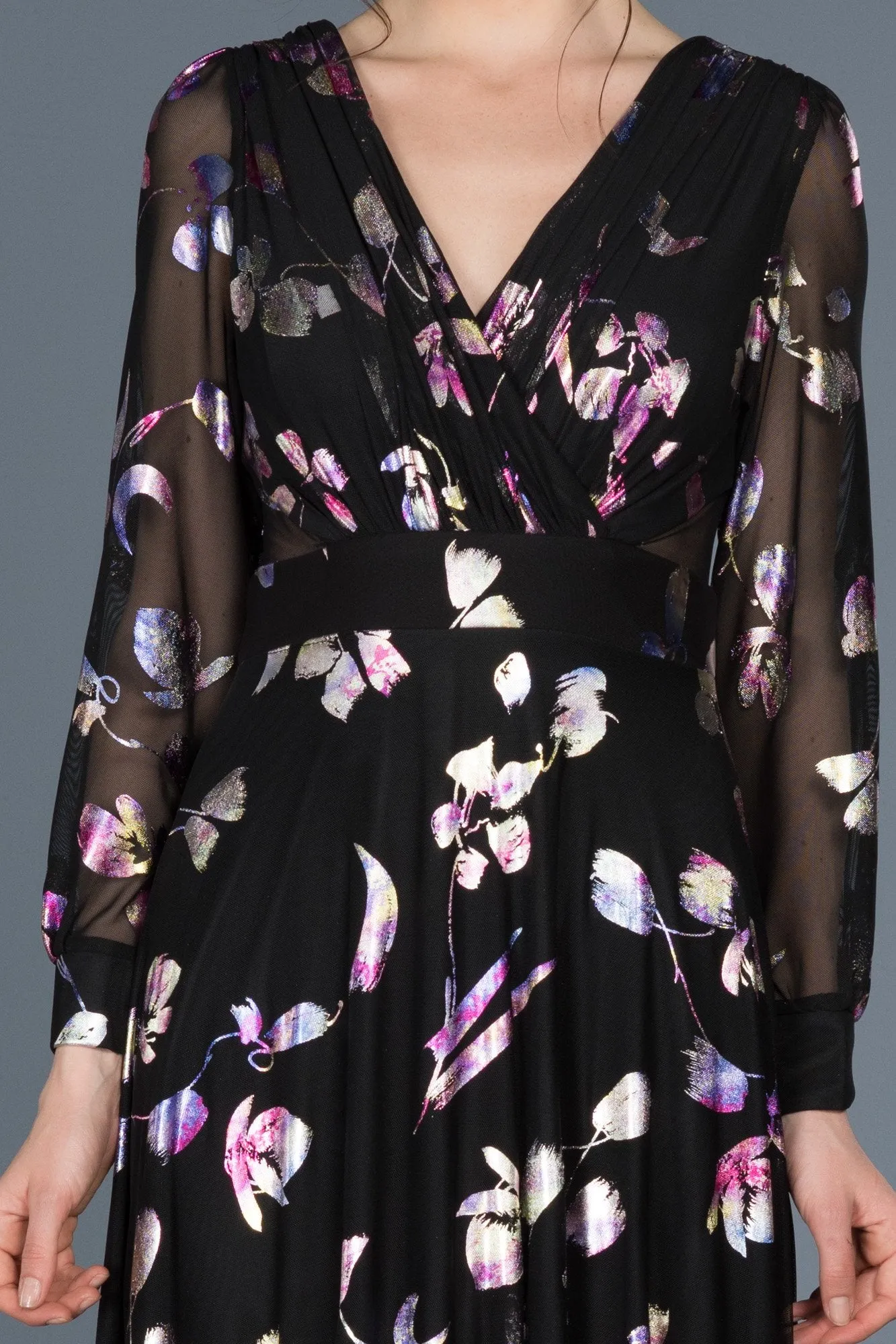 15760 Black Sheer Sleeve Floral Dress