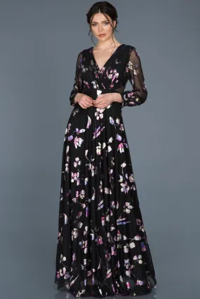 15760 Black Sheer Sleeve Floral Dress