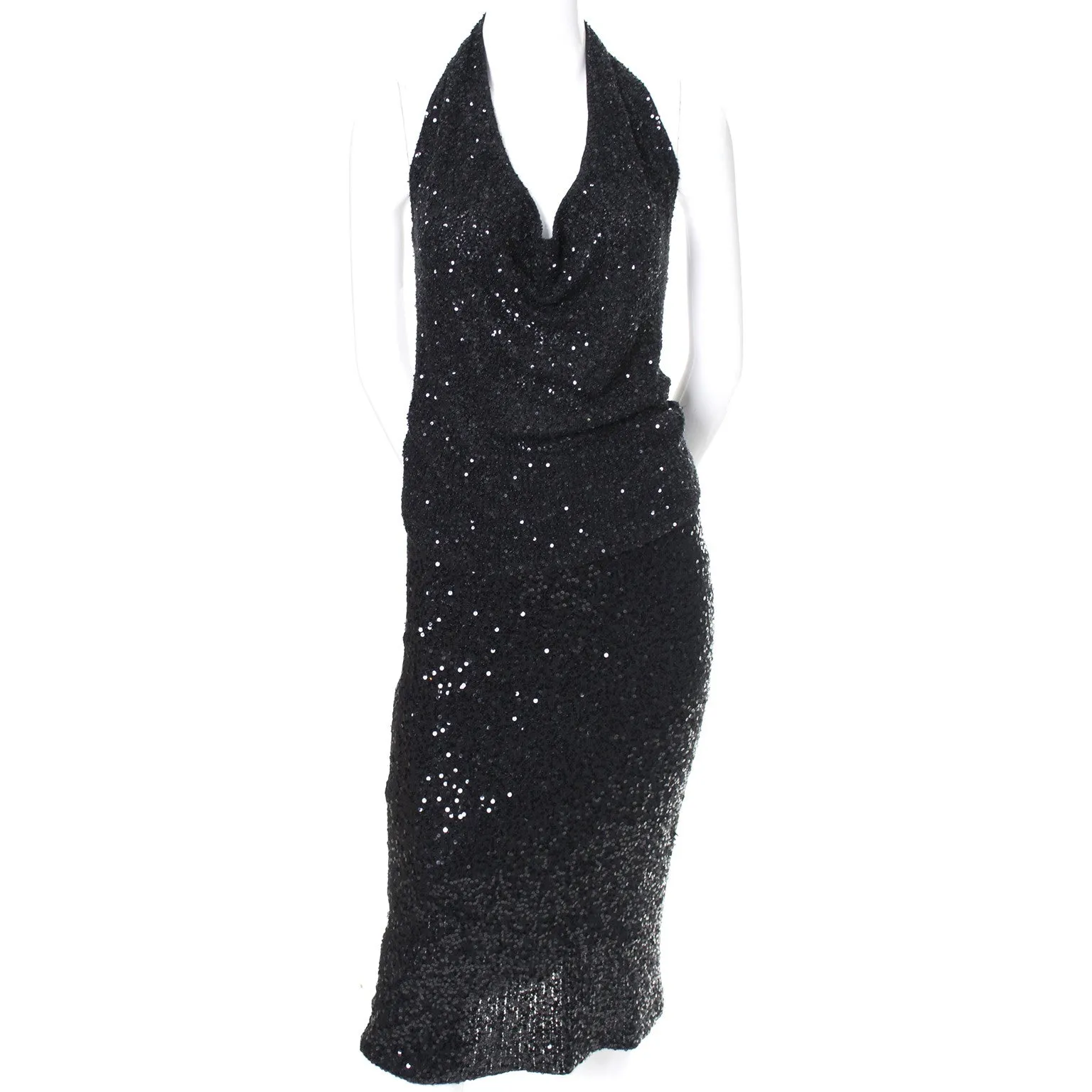 1990s Donna Karan 2pc Black Evening Dress & Cardigan Cashmere & Silk w/ Sequins