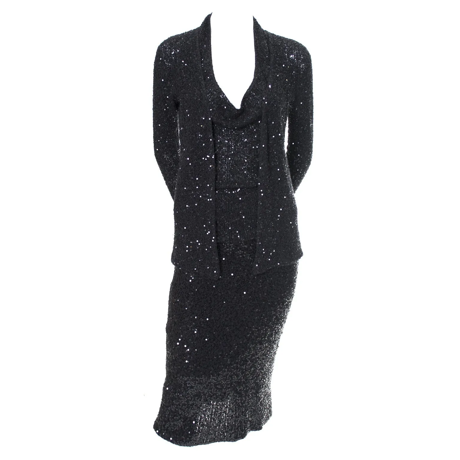 1990s Donna Karan 2pc Black Evening Dress & Cardigan Cashmere & Silk w/ Sequins