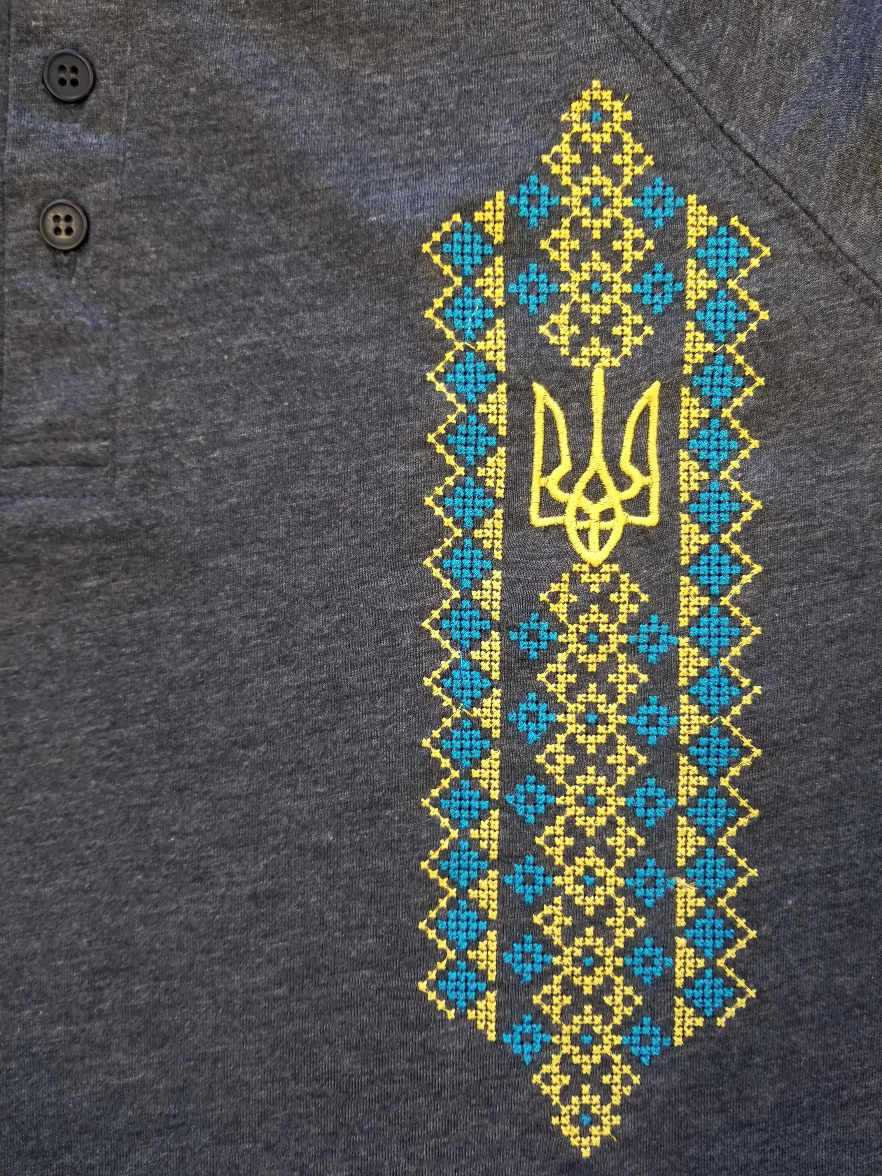 Adult long sleeve embroidered henley shirt "Tryzub & cross stitch"