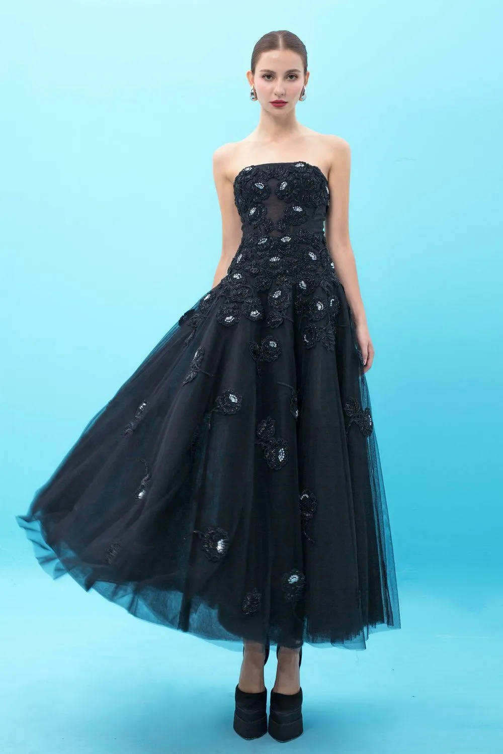Alianna Strapless Embroidered Mesh Sheer Maxi Dress