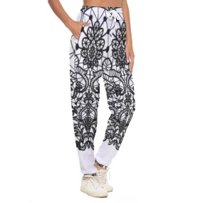 All-Over Print Women's Casual Pants 247 white with black lace print