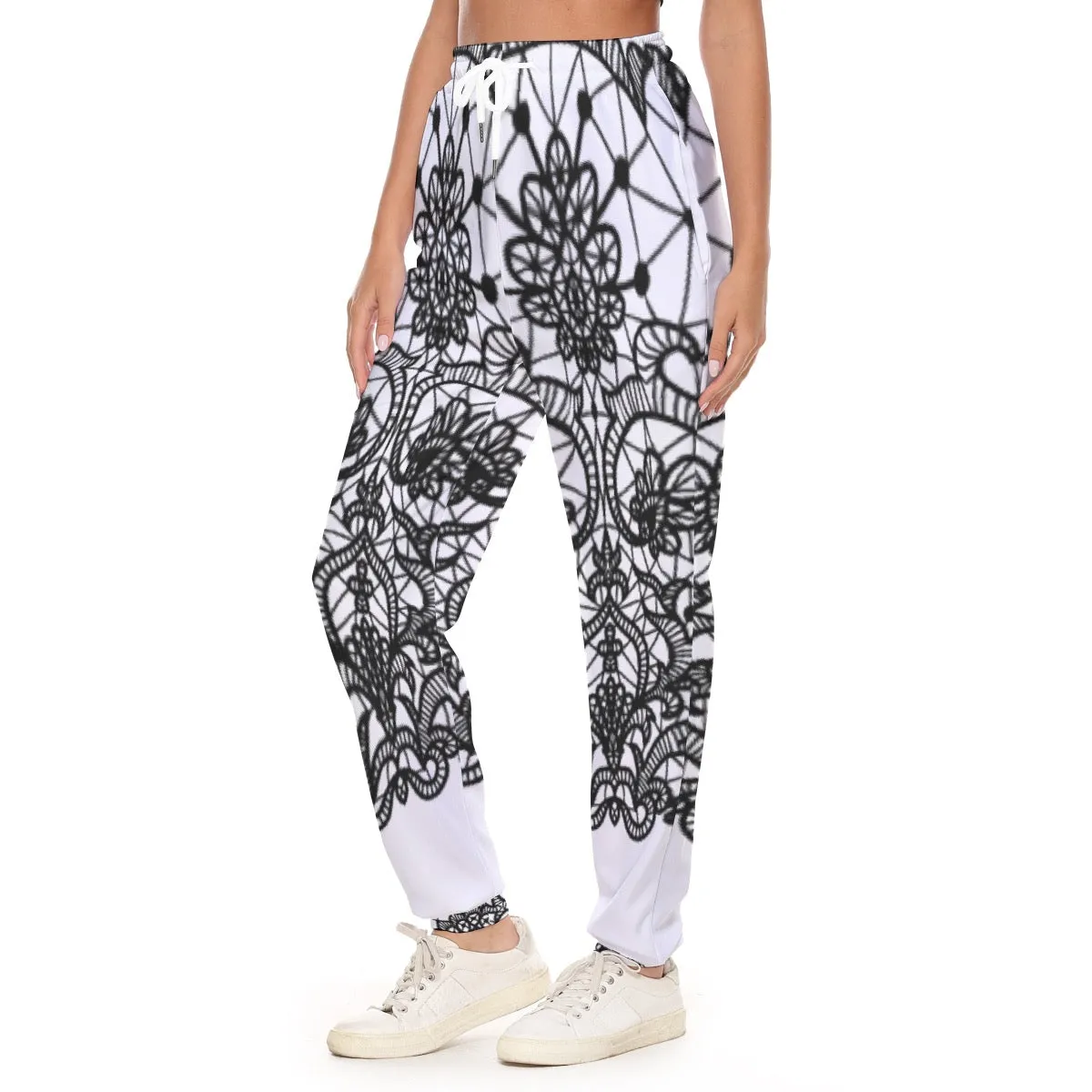 All-Over Print Women's Casual Pants 247 white with black lace print