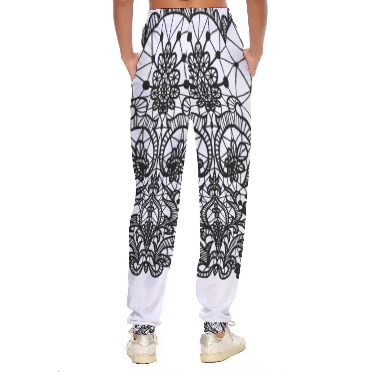 All-Over Print Women's Casual Pants 247 white with black lace print