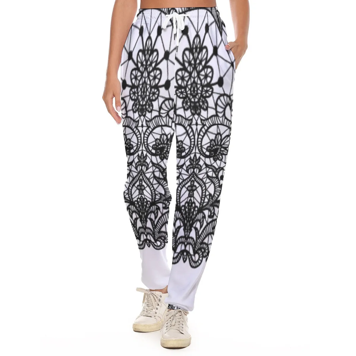 All-Over Print Women's Casual Pants 247 white with black lace print