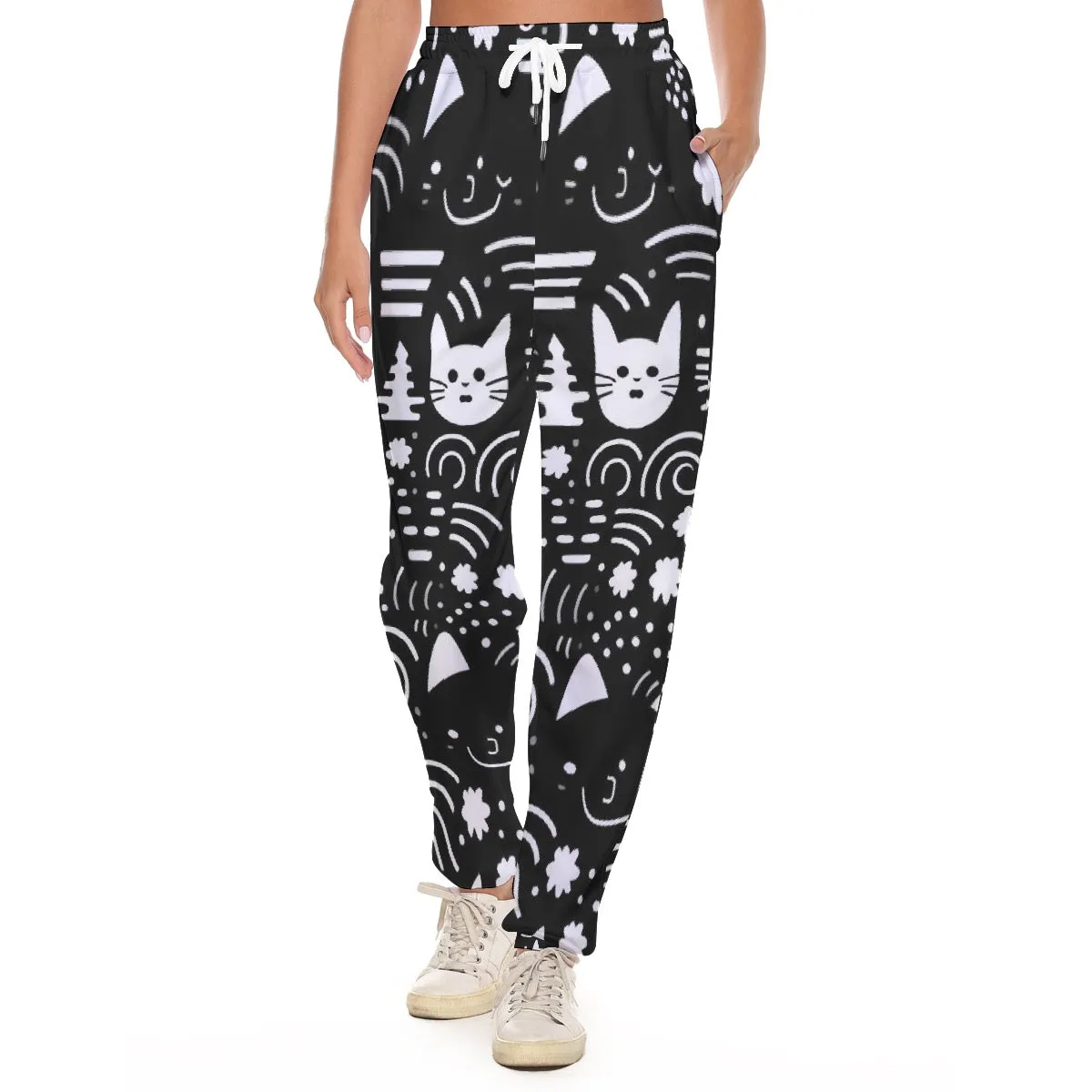 All-Over Print Women's Casual Pants 249 Black with white cat print
