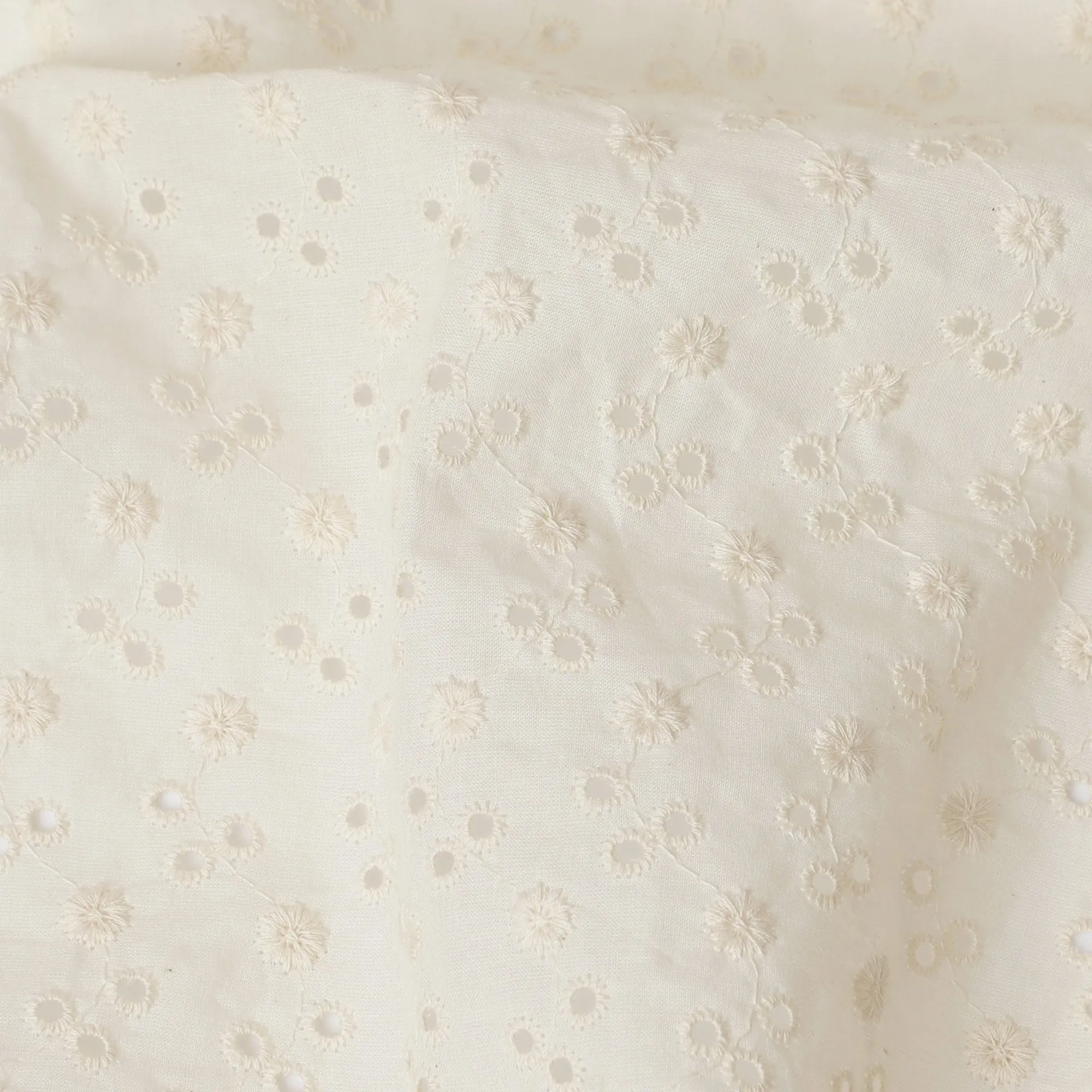 Antique White Cotton Voile Fabric with Floral Embroidery, 110 cm Width-D20119