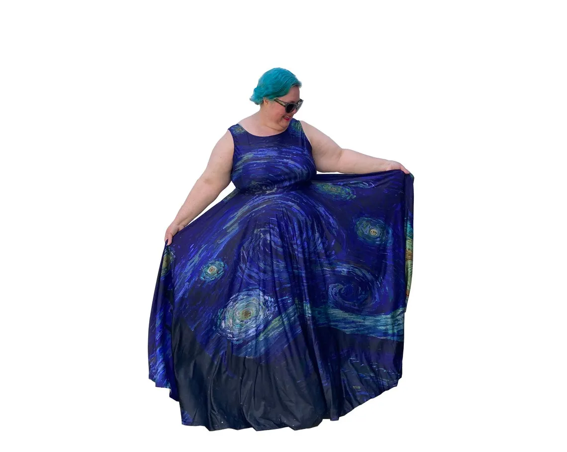 Art Series: Starry Night Maxi Dress Plus Size with Fitted Bodice, Sleeves and Voluminous Circle Skirt