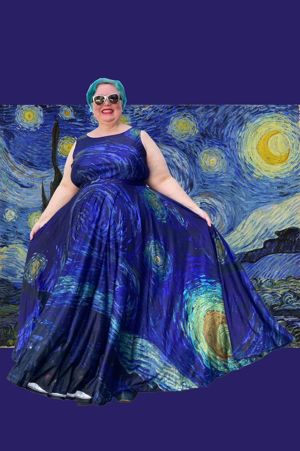 Art Series: Starry Night Maxi Dress Plus Size with Fitted Bodice, Sleeves and Voluminous Circle Skirt