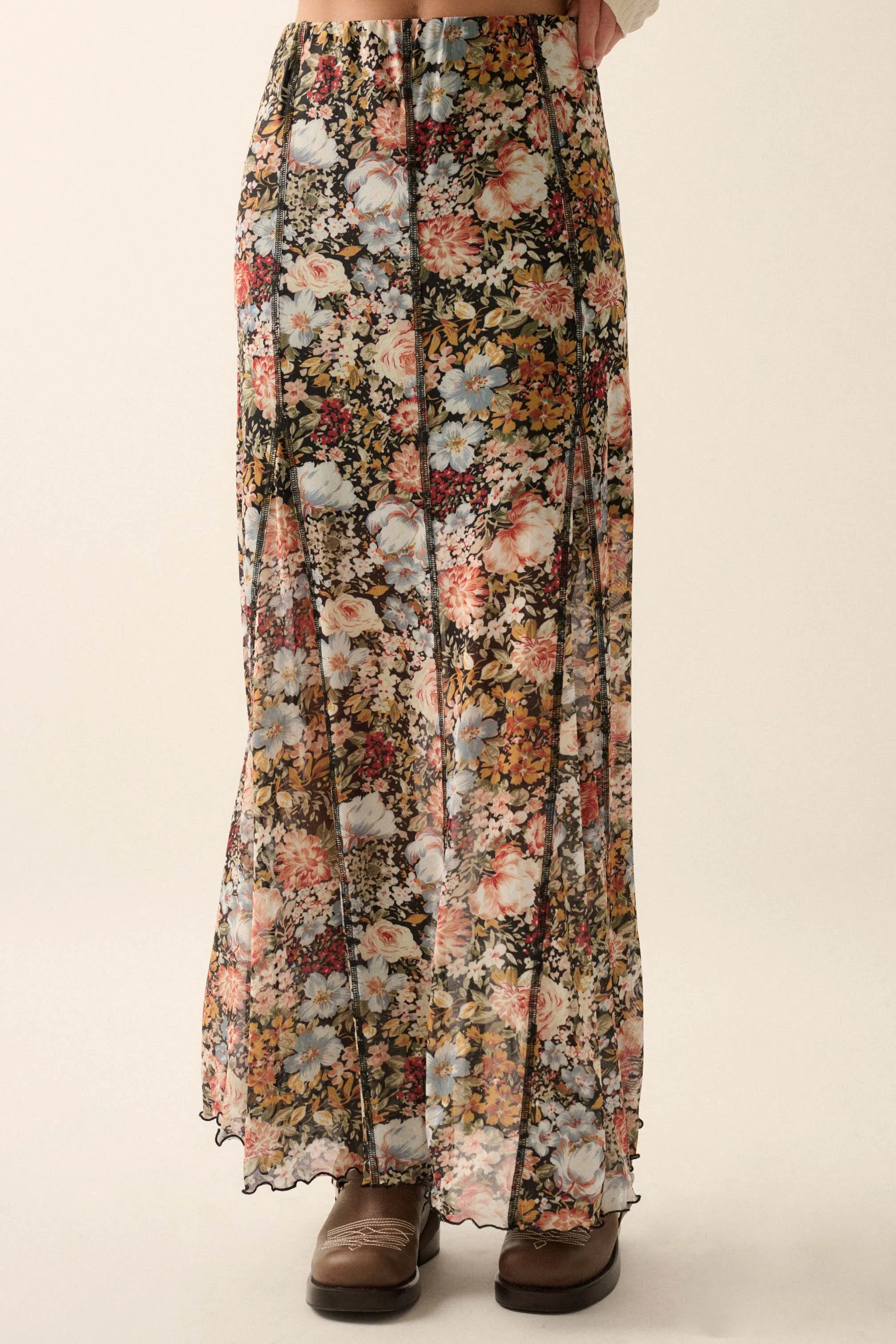 Autumn Harvest Floral Mesh Paneled Maxi Skirt