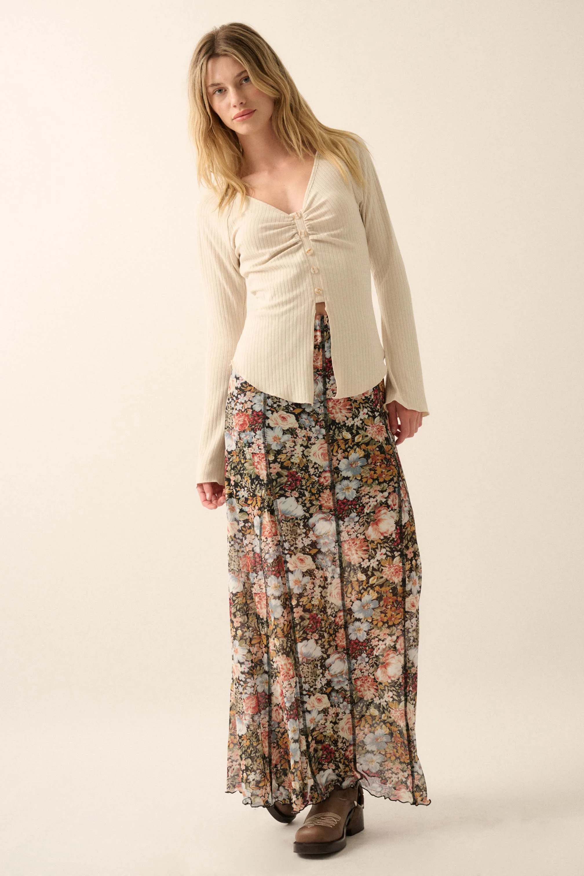 Autumn Harvest Floral Mesh Paneled Maxi Skirt
