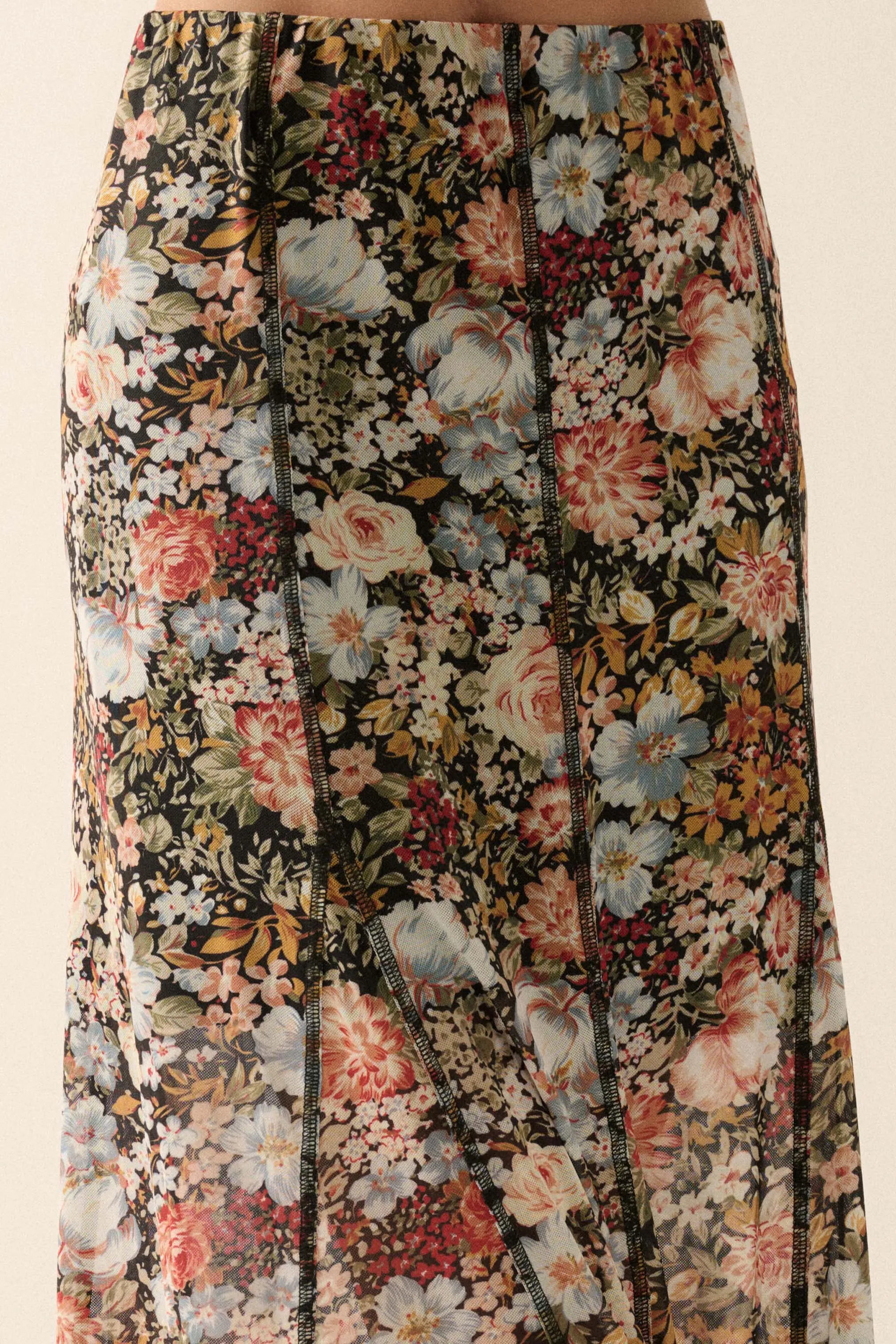Autumn Harvest Floral Mesh Paneled Maxi Skirt