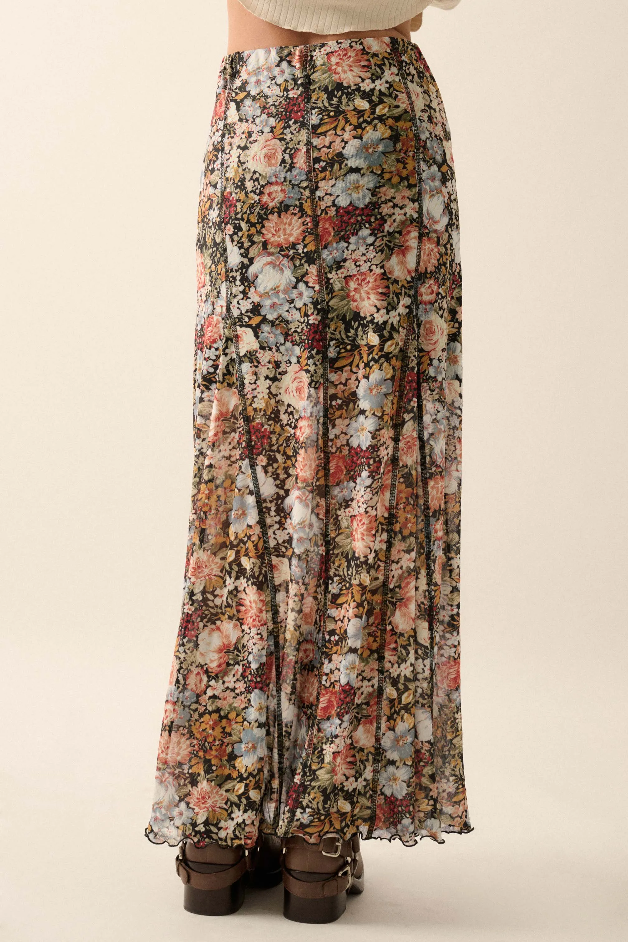 Autumn Harvest Floral Mesh Paneled Maxi Skirt