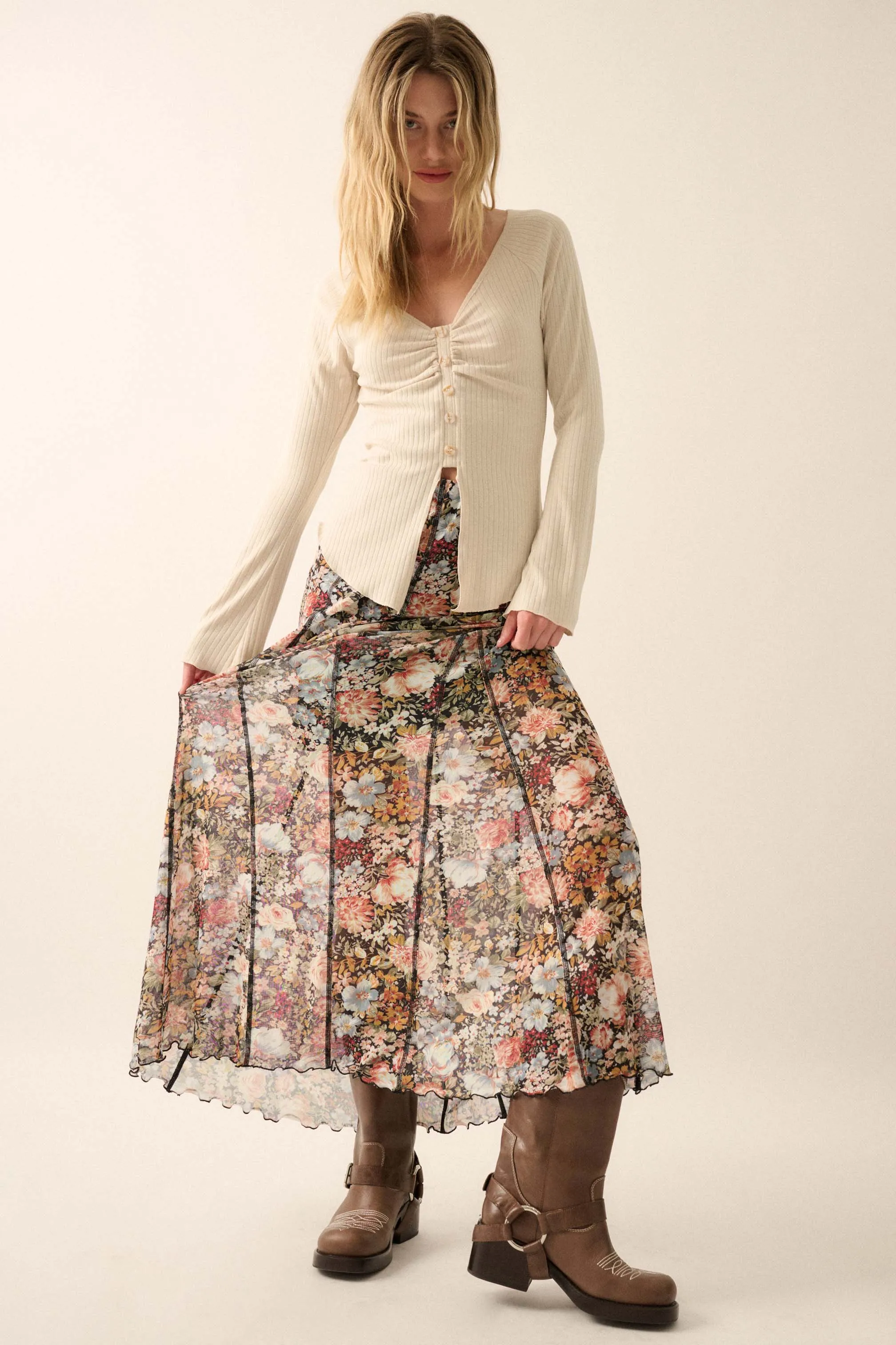 Autumn Harvest Floral Mesh Paneled Maxi Skirt