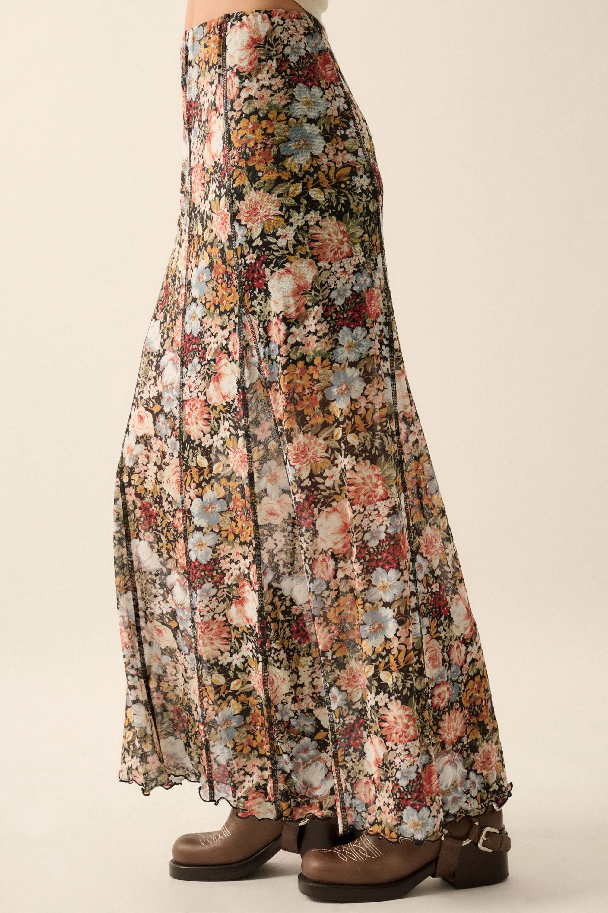 Autumn Harvest Floral Mesh Paneled Maxi Skirt