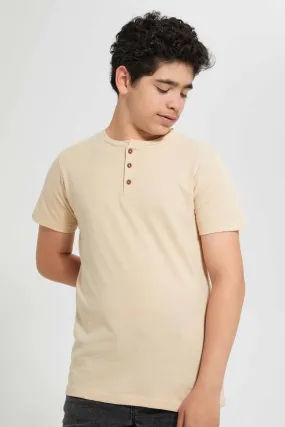 Beige Jacquard Henley T-Shirt
