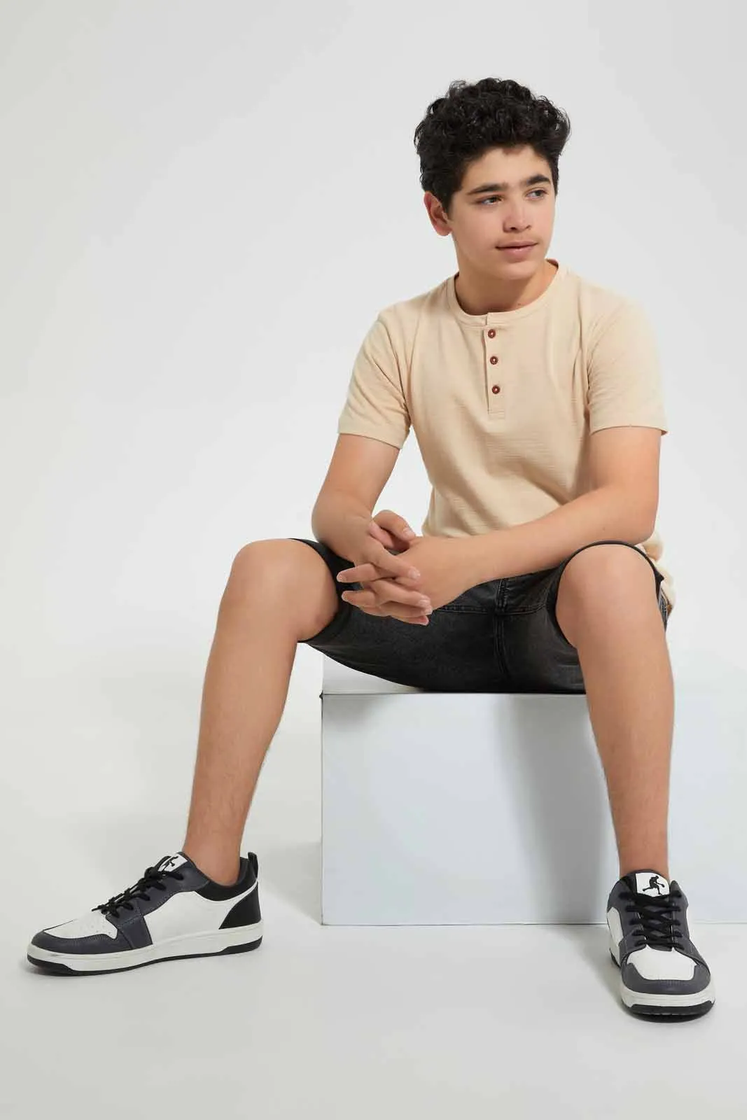 Beige Jacquard Henley T-Shirt