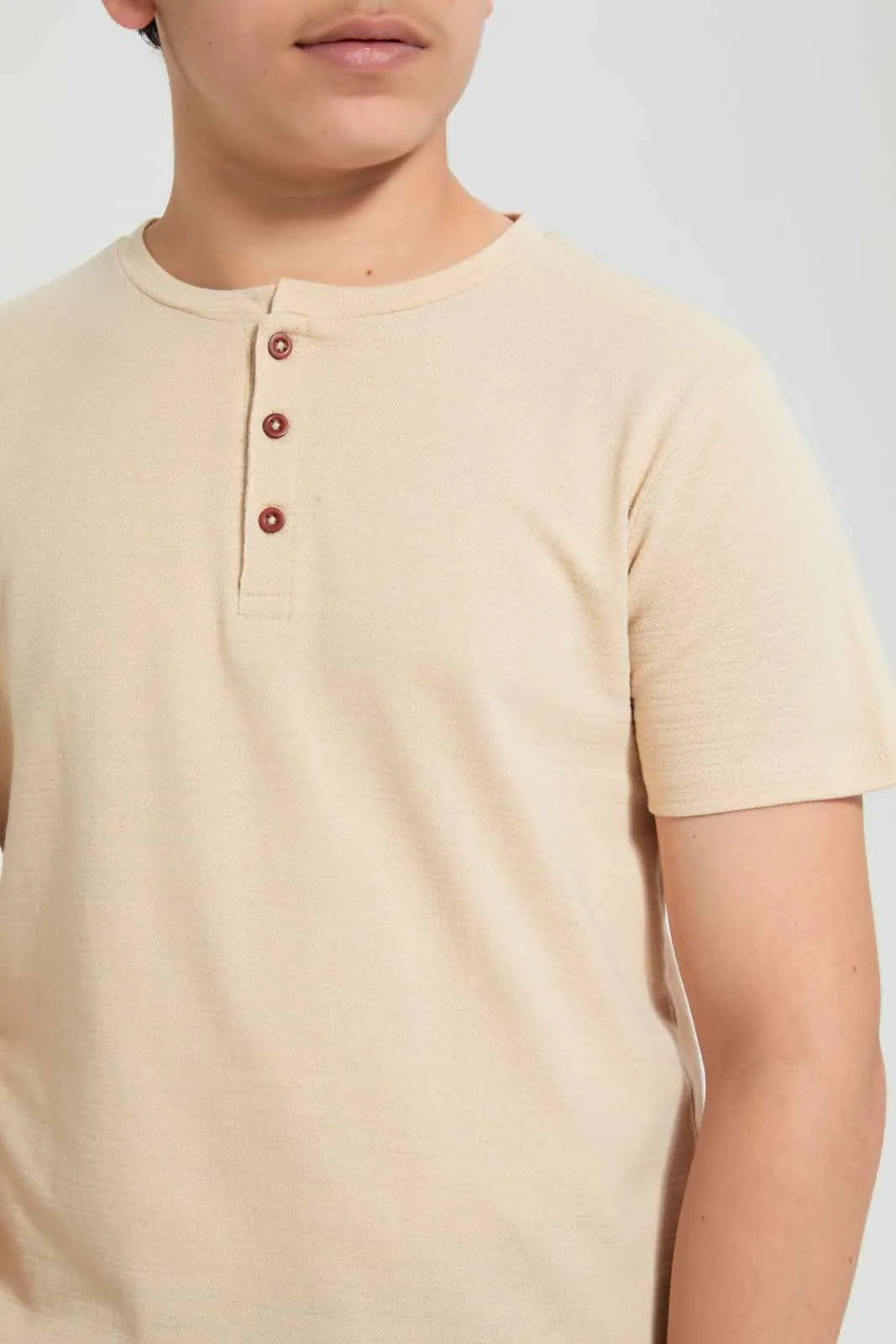 Beige Jacquard Henley T-Shirt