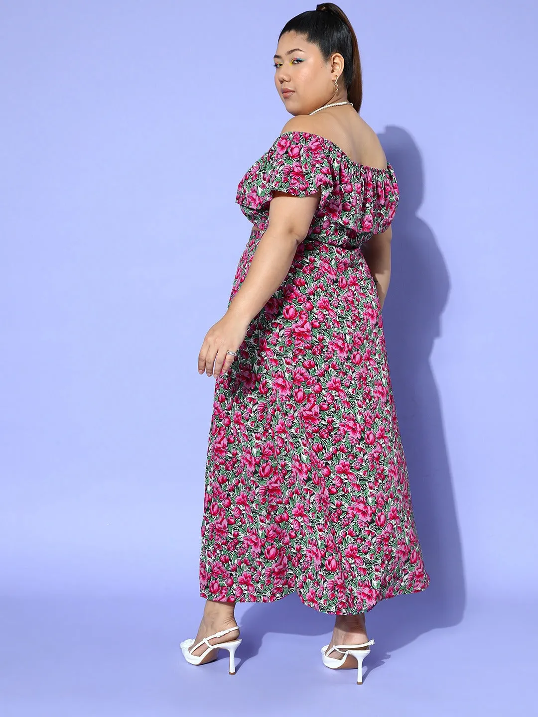 Berrylush Women Plus Size Purple & Green Floral Printed Off-Shoulder Neck Crop Top & Thigh-High Slit Maxi Skirt Co-Ord Set