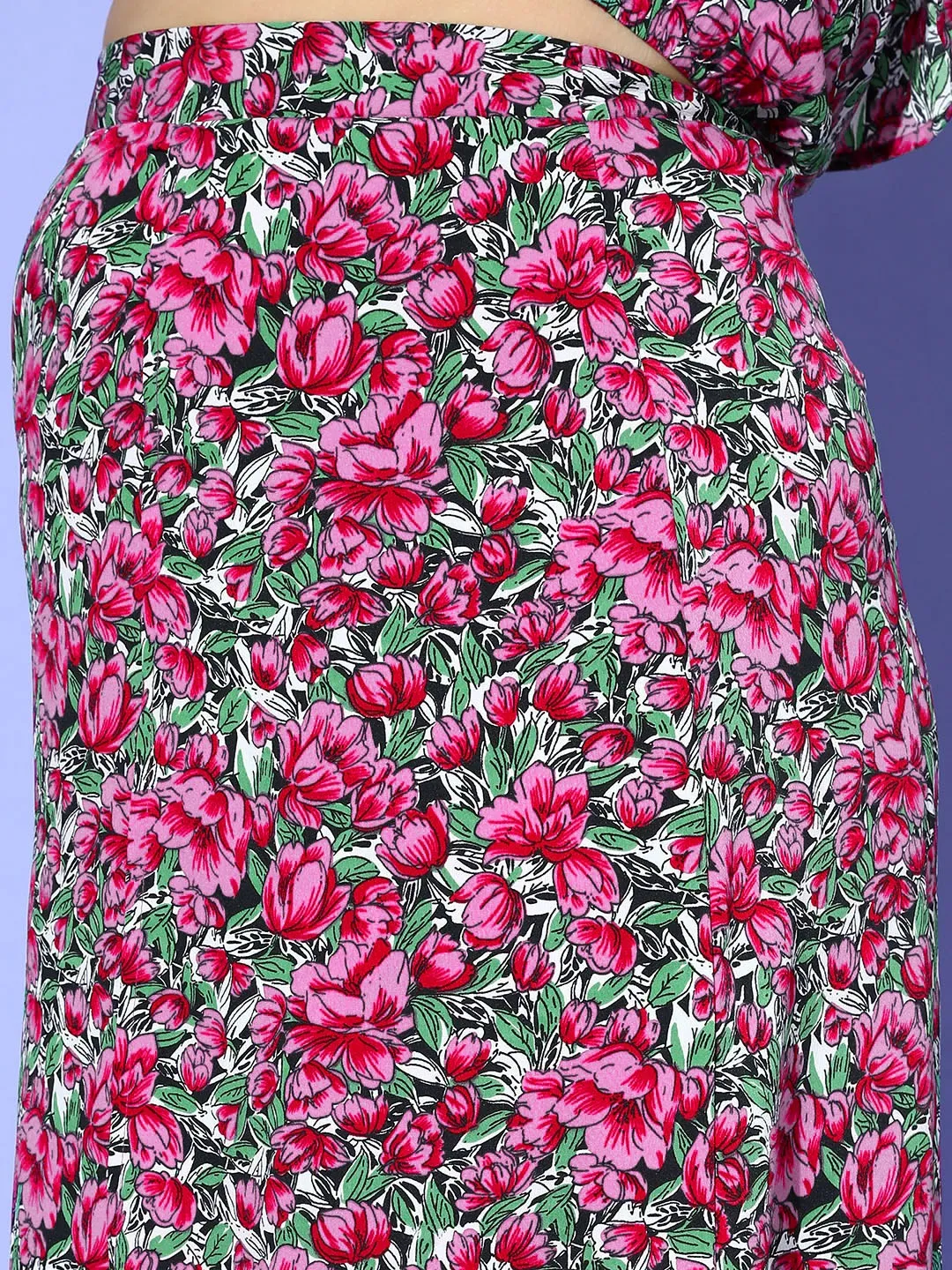 Berrylush Women Plus Size Purple & Green Floral Printed Off-Shoulder Neck Crop Top & Thigh-High Slit Maxi Skirt Co-Ord Set