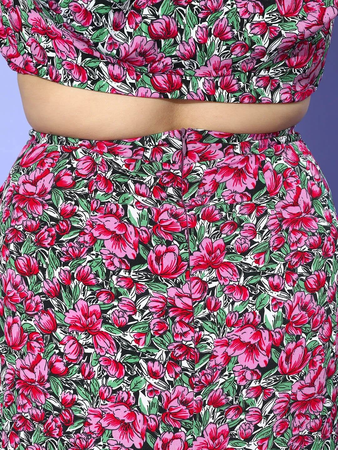 Berrylush Women Plus Size Purple & Green Floral Printed Off-Shoulder Neck Crop Top & Thigh-High Slit Maxi Skirt Co-Ord Set
