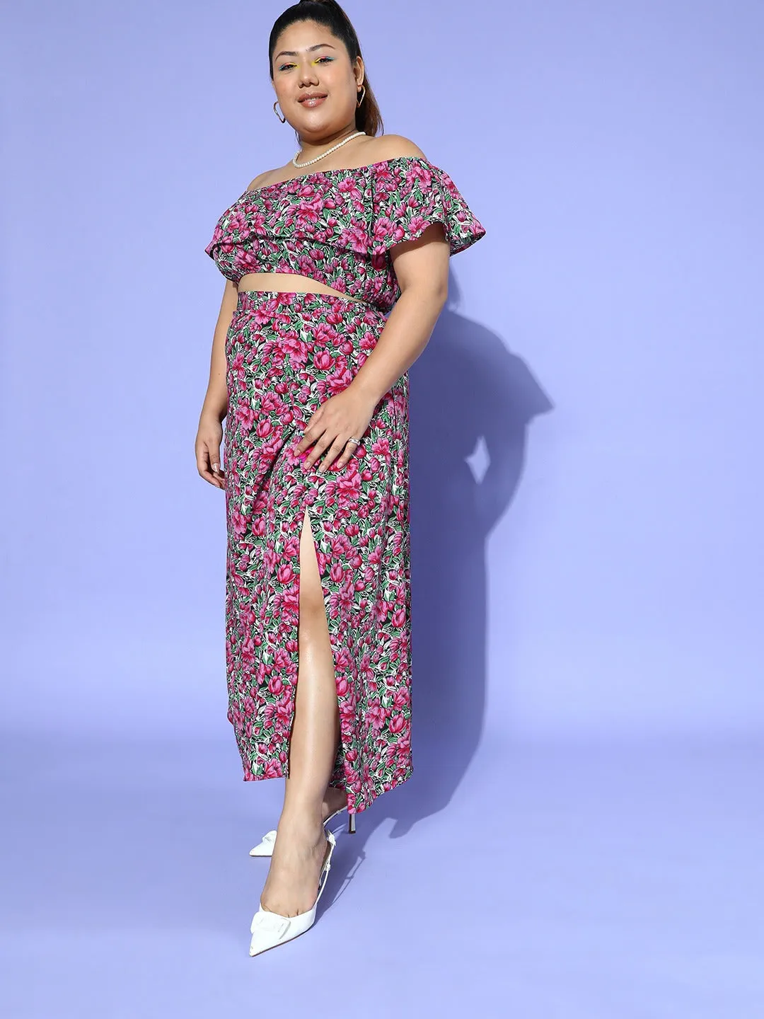 Berrylush Women Plus Size Purple & Green Floral Printed Off-Shoulder Neck Crop Top & Thigh-High Slit Maxi Skirt Co-Ord Set