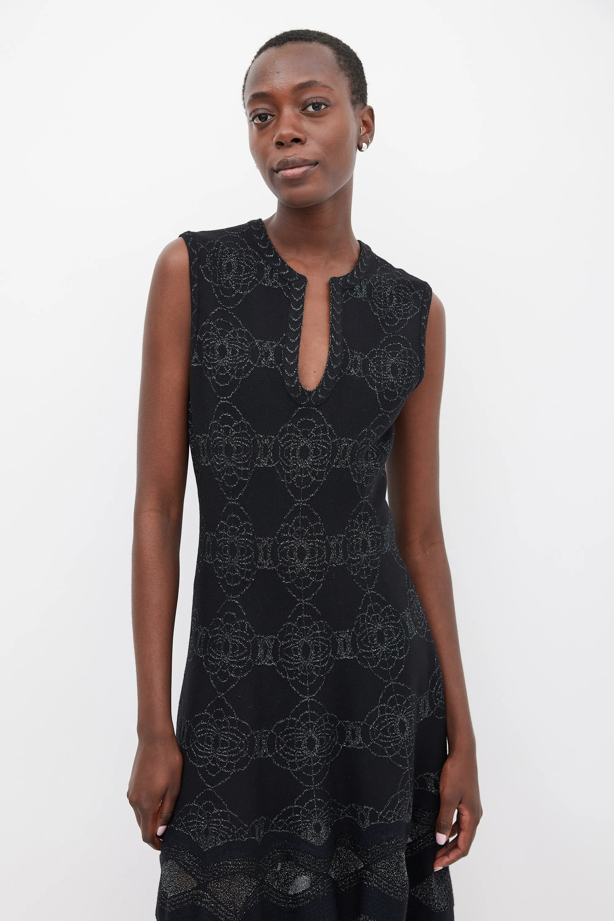 Black & Navy Wool Metallic Woven Dress