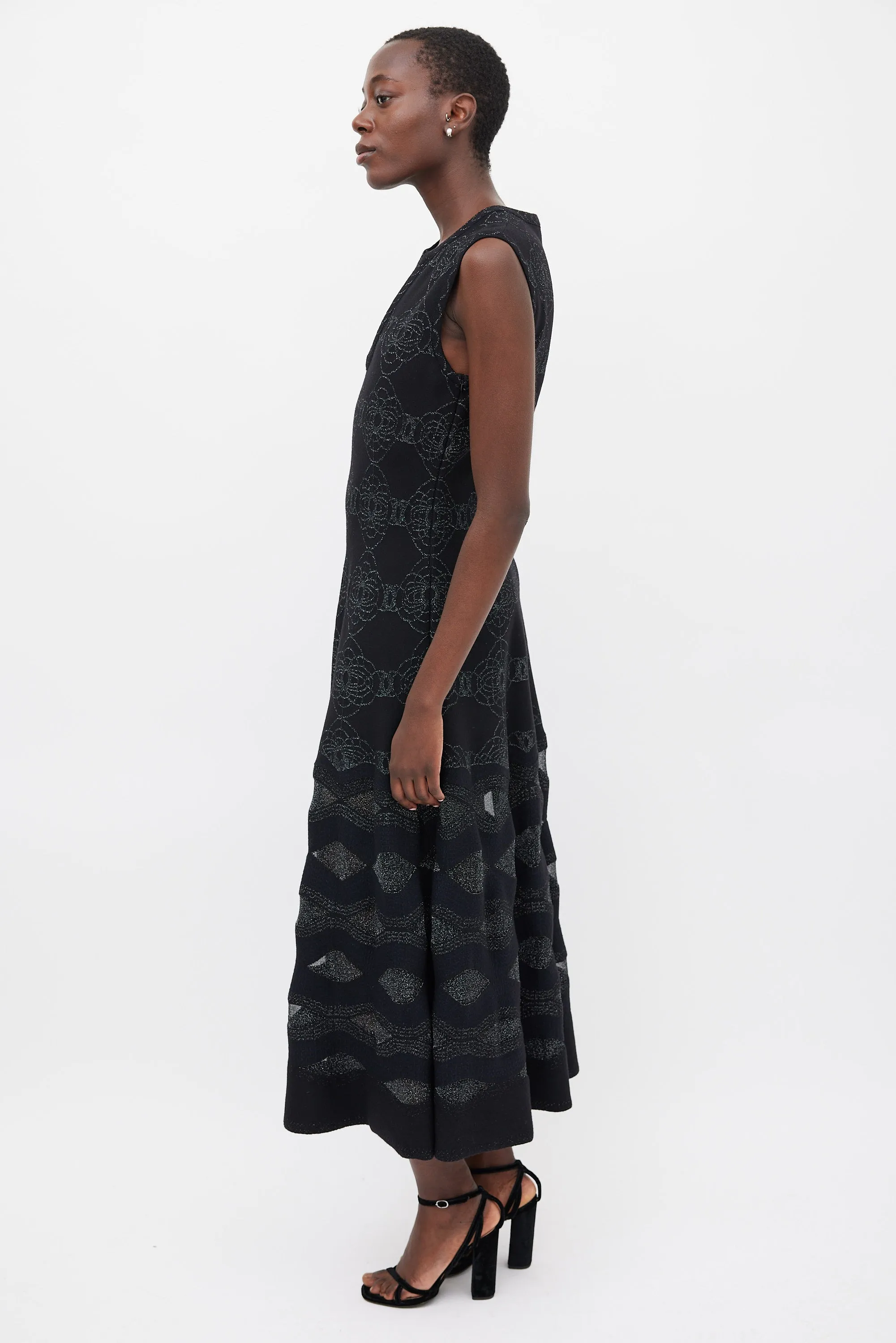Black & Navy Wool Metallic Woven Dress