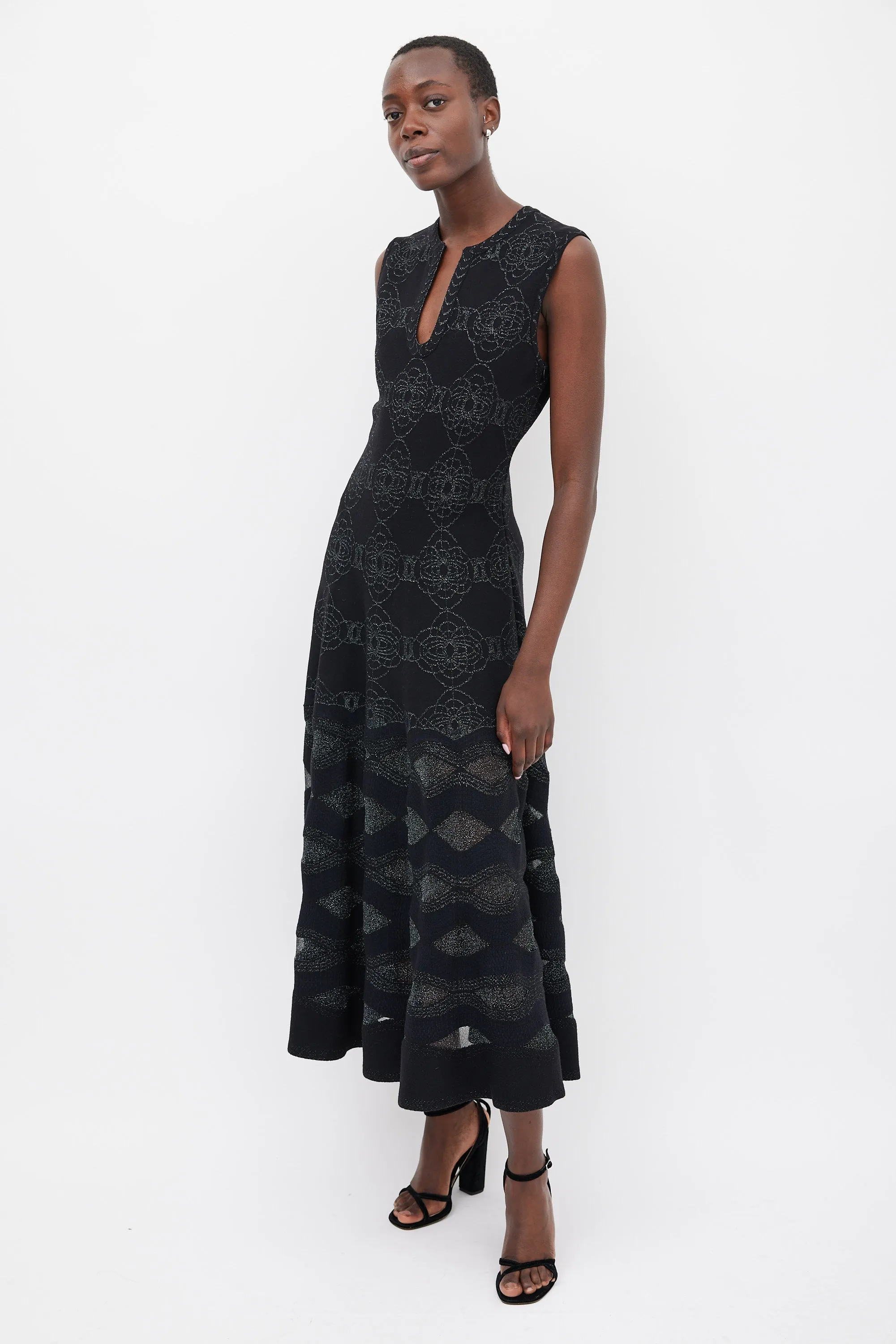 Black & Navy Wool Metallic Woven Dress