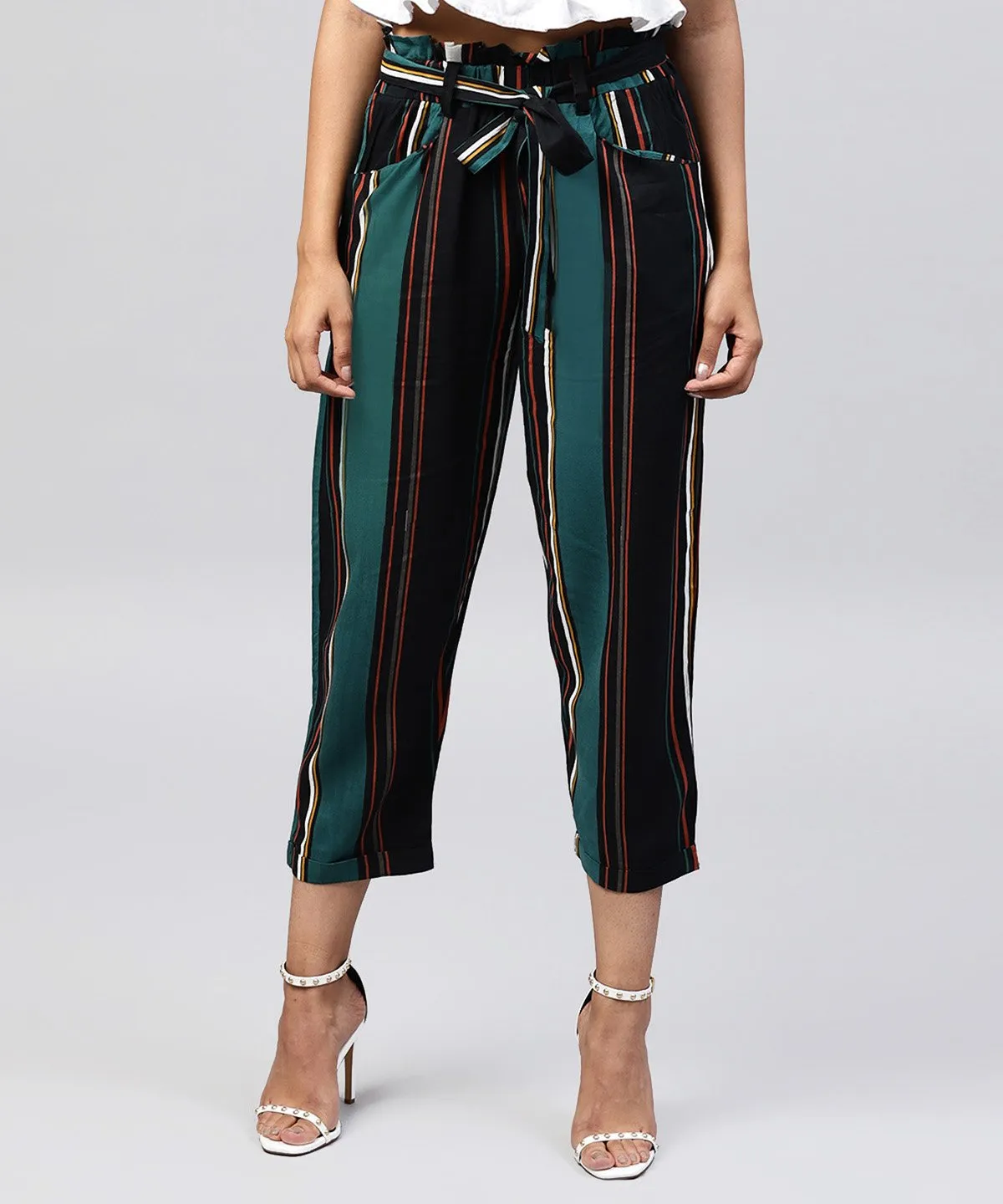 Black Checked Cotton Regular Fit Trouser With Belt