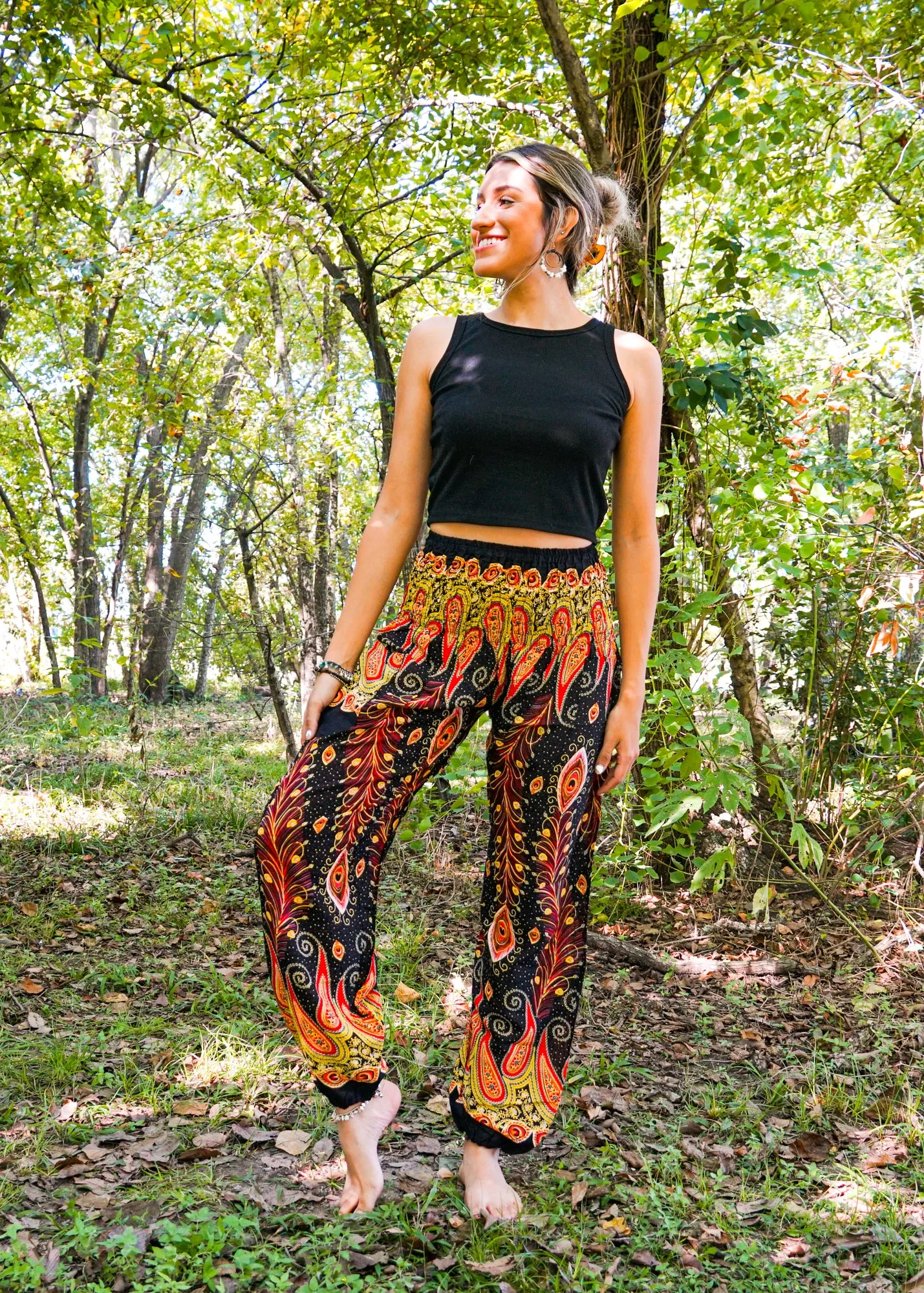 Black Fancy Peacock Harem Pants
