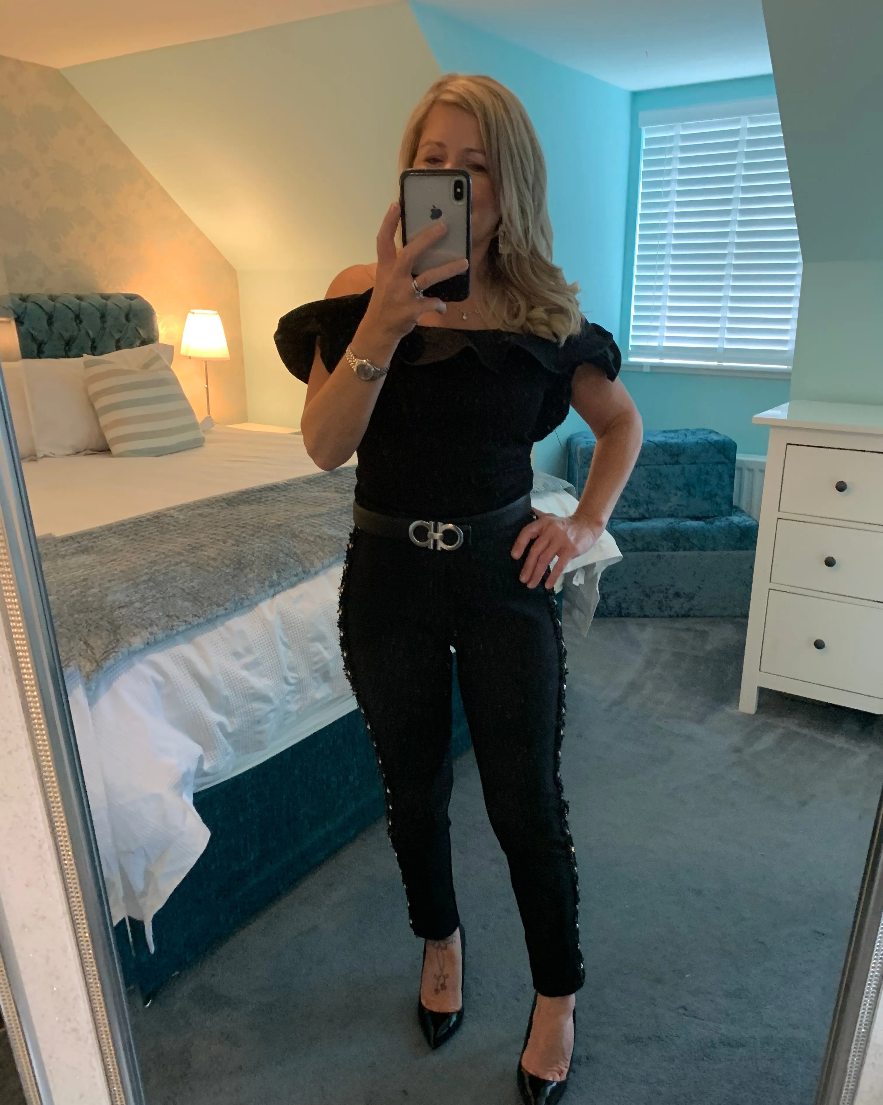 Black high waist luxury thick leggings with gold boucle side stripe embellishment