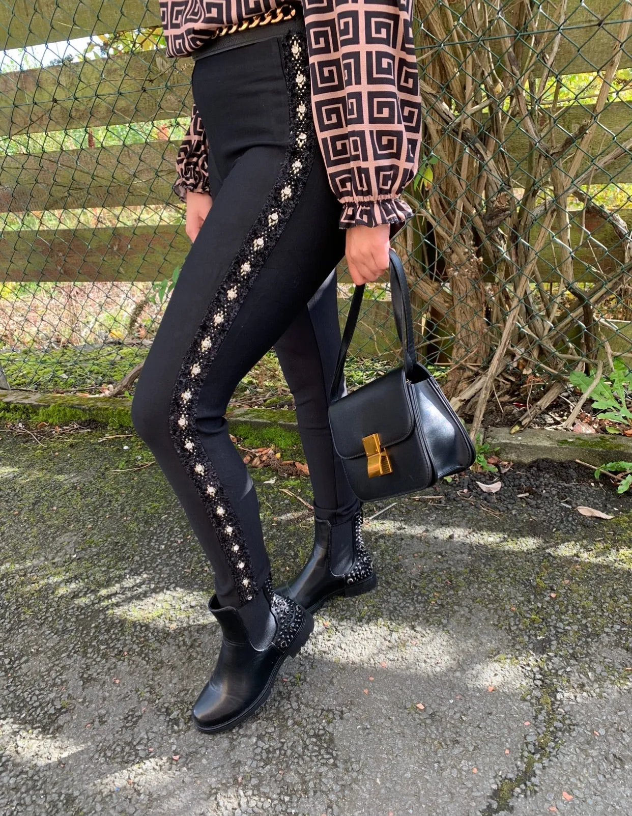 Black high waist luxury thick leggings with gold boucle side stripe embellishment