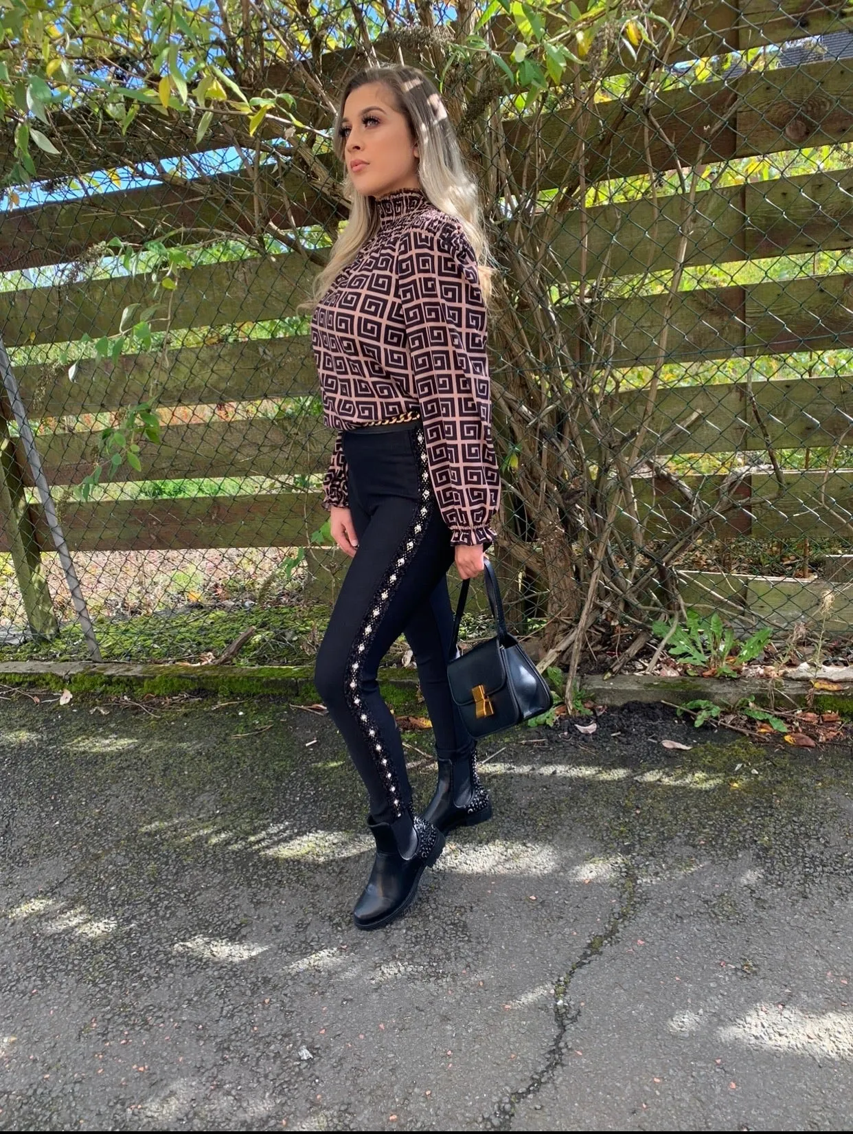 Black high waist luxury thick leggings with gold boucle side stripe embellishment