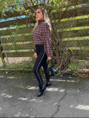 Black high waist luxury thick leggings with gold boucle side stripe embellishment