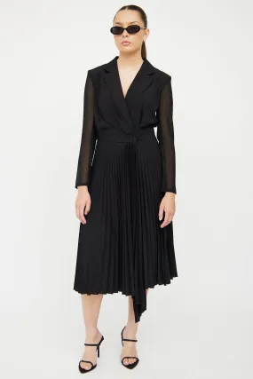 Black Notched Lapel & Pleated Skirt Dress