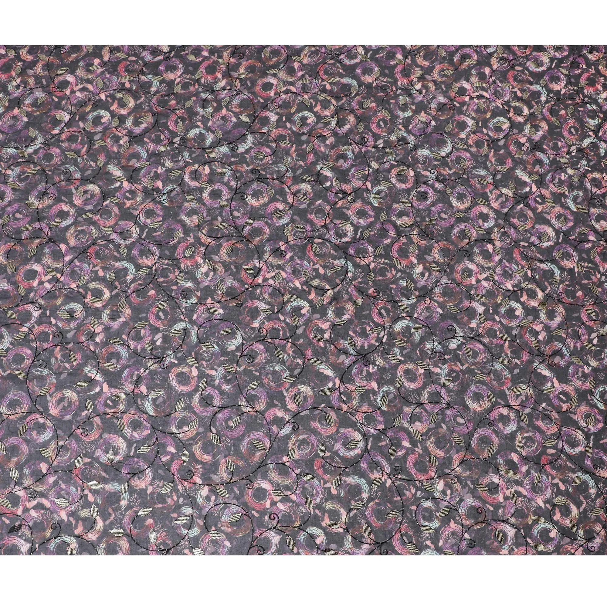 Black Premium pure cotton voile fabric with same tone embroidery, sequin work and multicolor print in geometric design-D17054