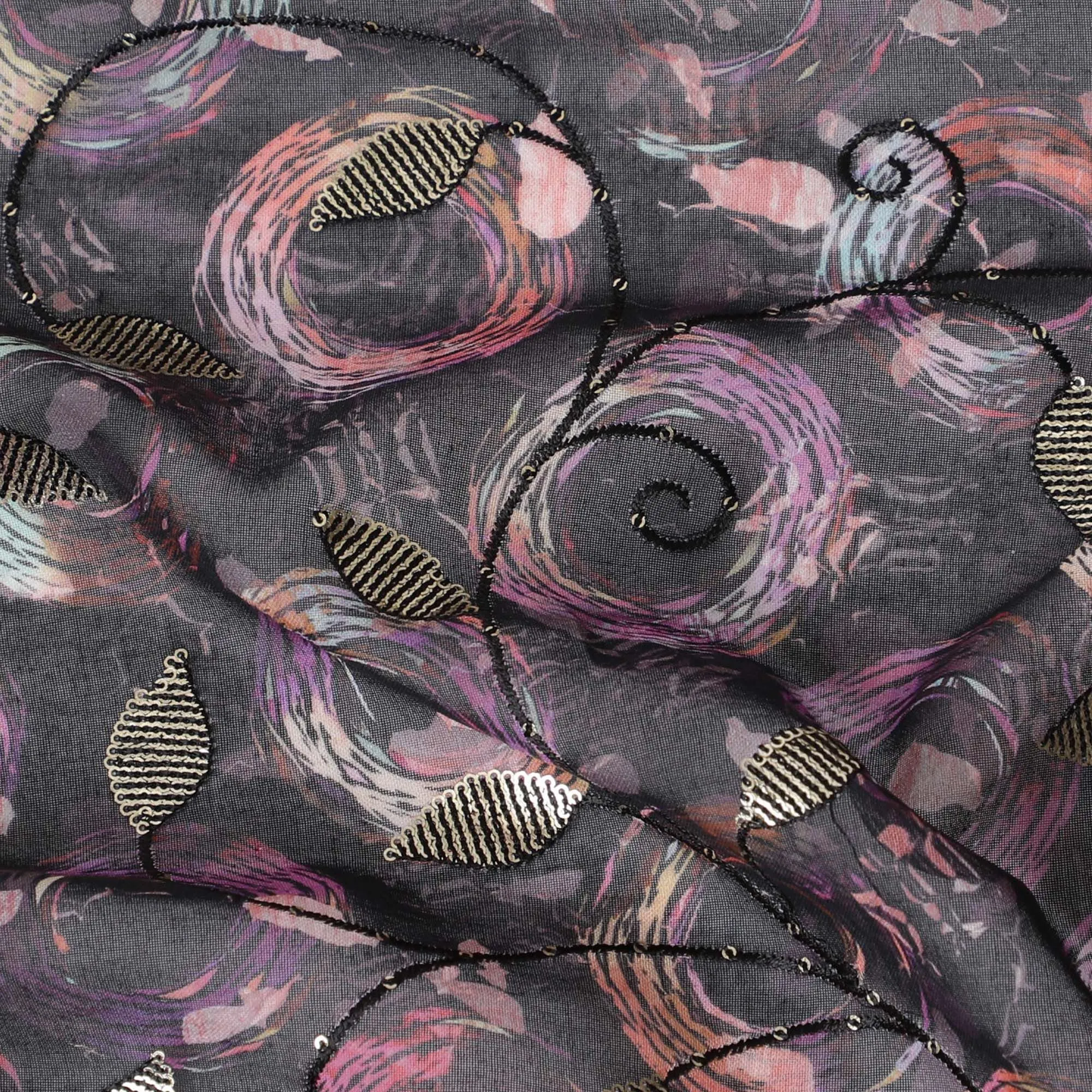 Black Premium pure cotton voile fabric with same tone embroidery, sequin work and multicolor print in geometric design-D17054