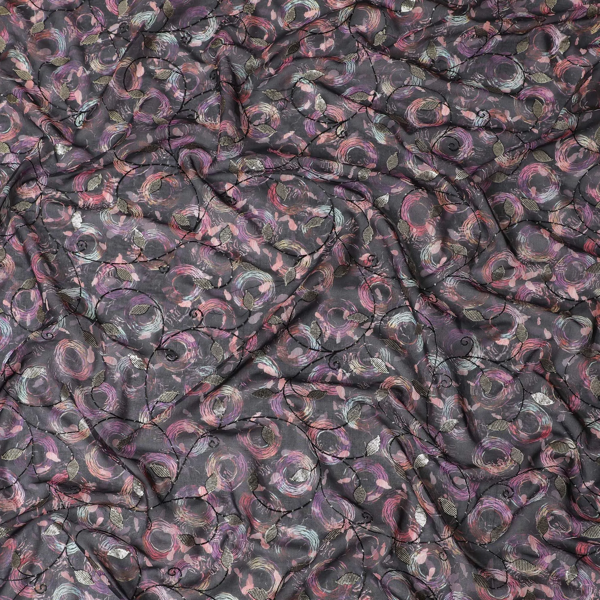 Black Premium pure cotton voile fabric with same tone embroidery, sequin work and multicolor print in geometric design-D17054