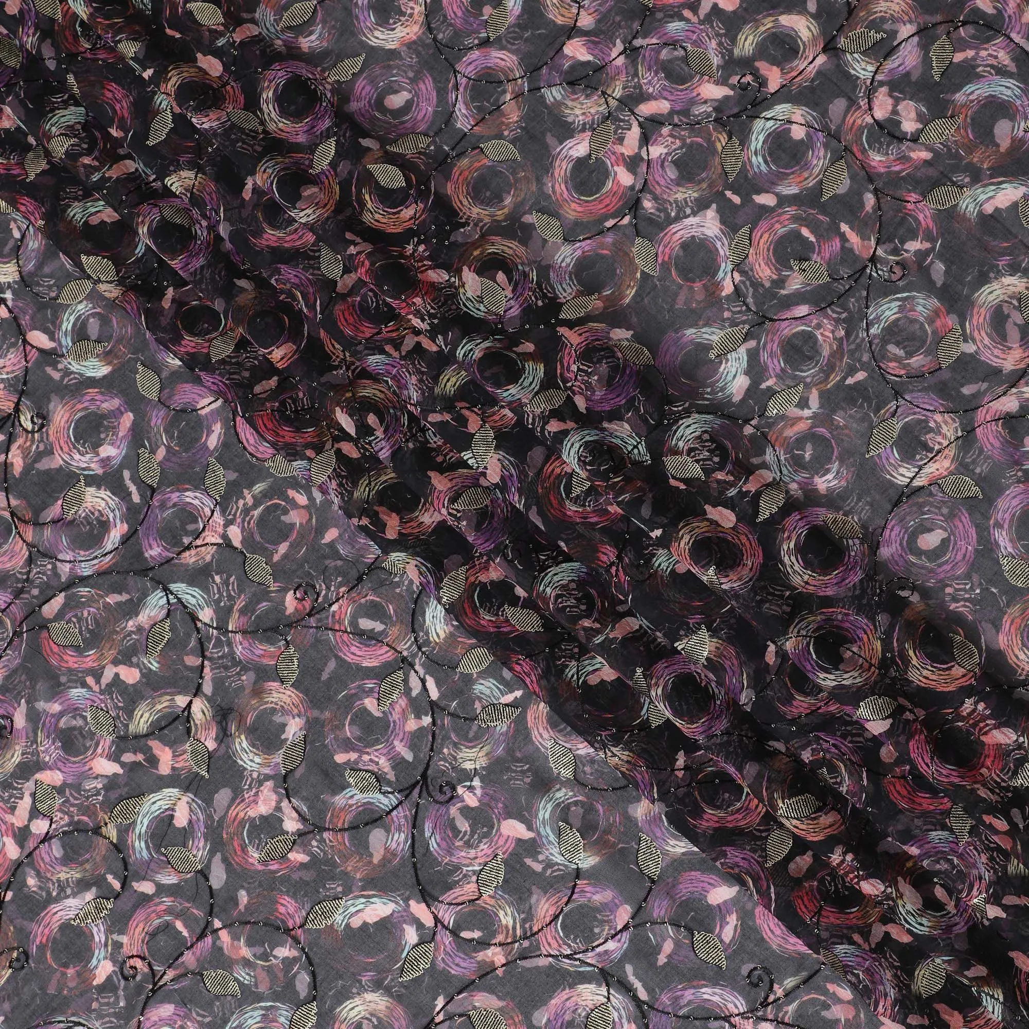 Black Premium pure cotton voile fabric with same tone embroidery, sequin work and multicolor print in geometric design-D17054