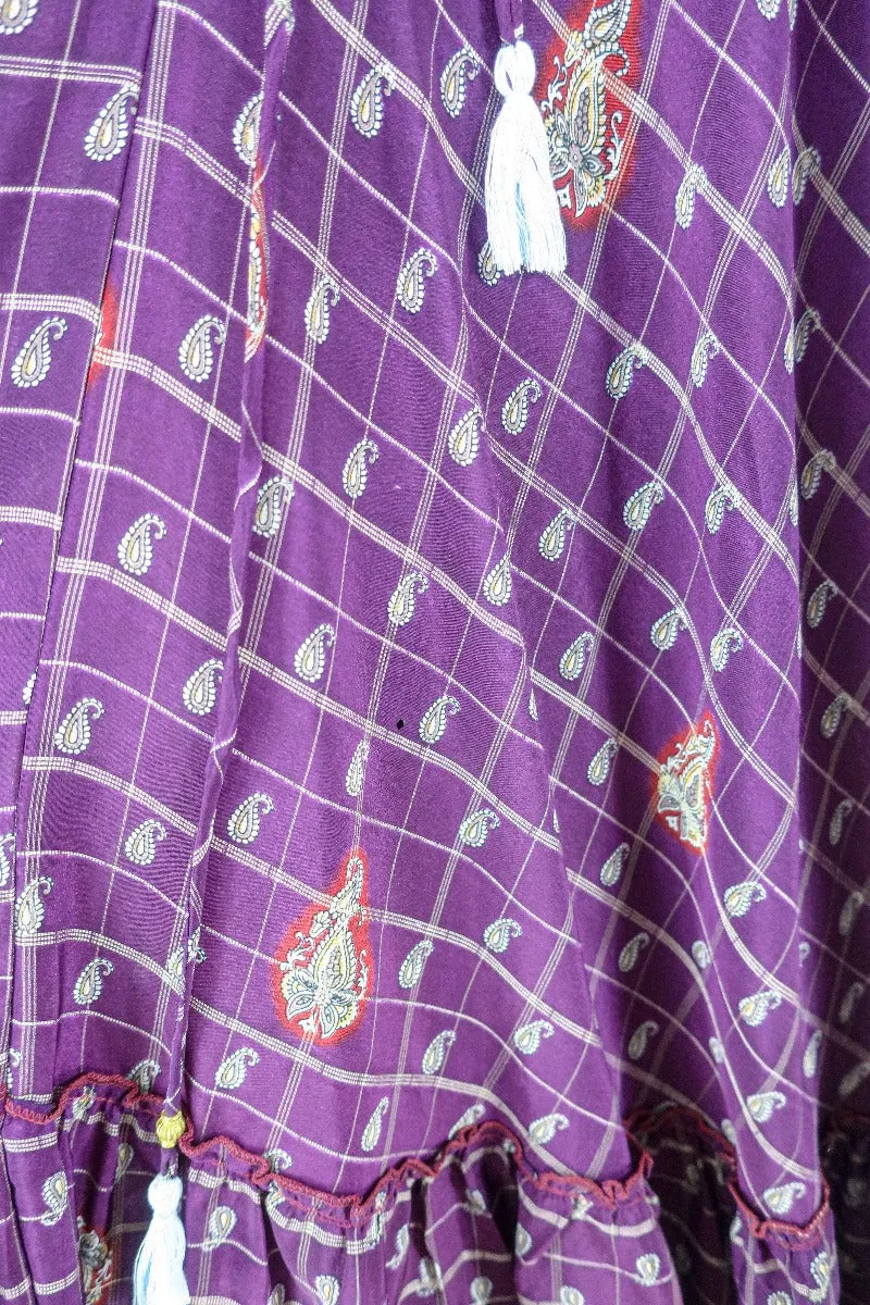 Blossom Halter Maxi Dress - Vintage Sari - Embroiderd Plum Purple Paisley - Free Size S/M