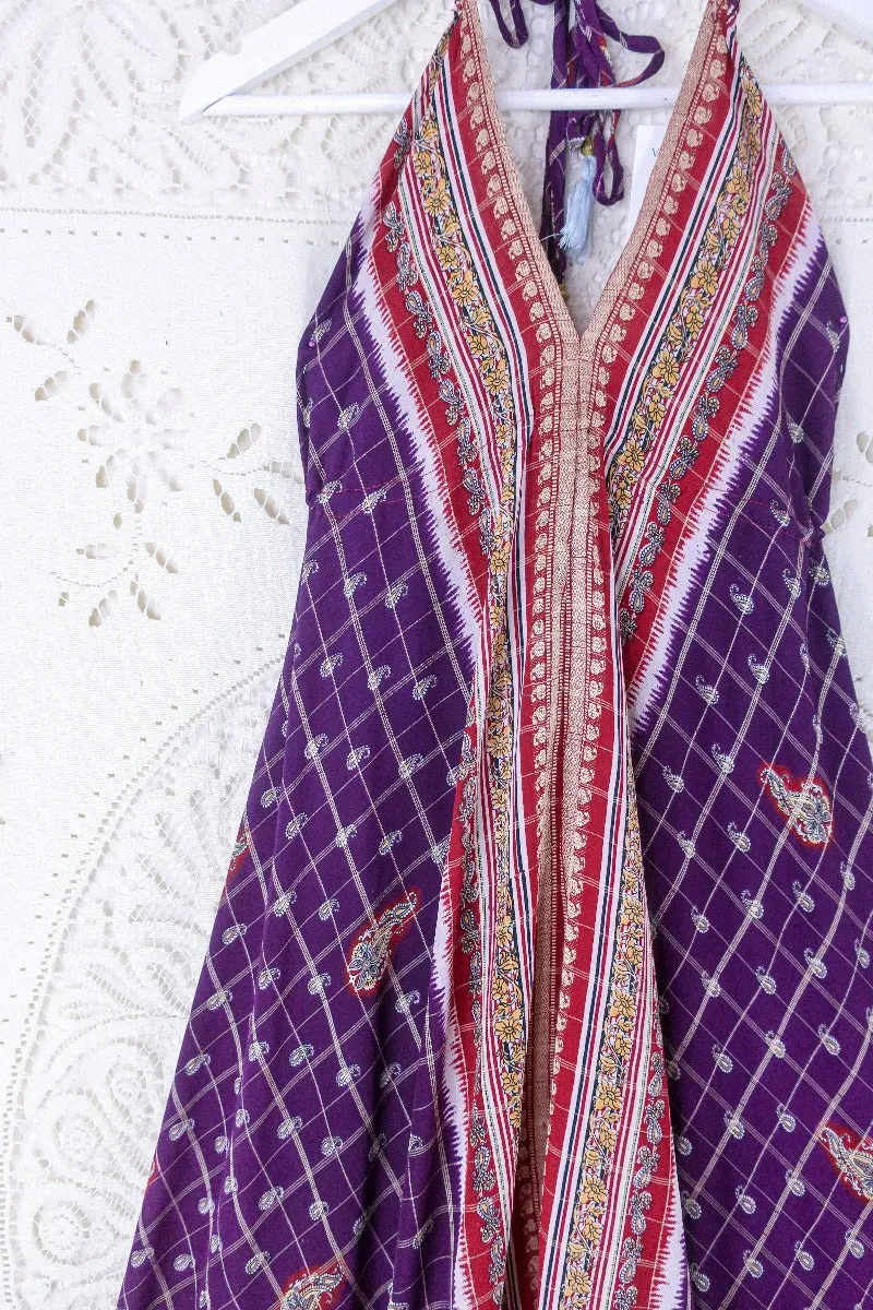Blossom Halter Maxi Dress - Vintage Sari - Embroiderd Plum Purple Paisley - Free Size S/M