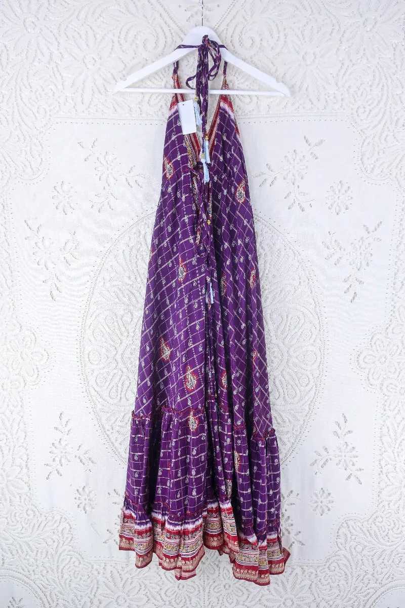 Blossom Halter Maxi Dress - Vintage Sari - Embroiderd Plum Purple Paisley - Free Size S/M