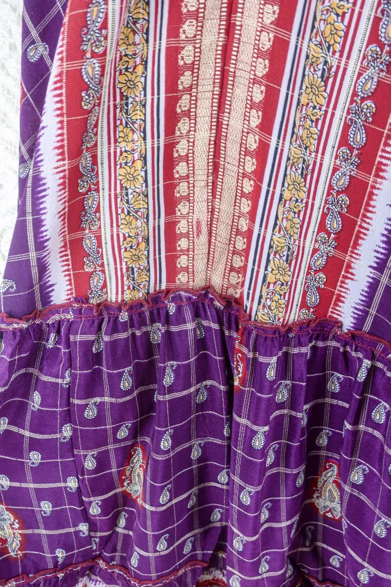 Blossom Halter Maxi Dress - Vintage Sari - Embroiderd Plum Purple Paisley - Free Size S/M