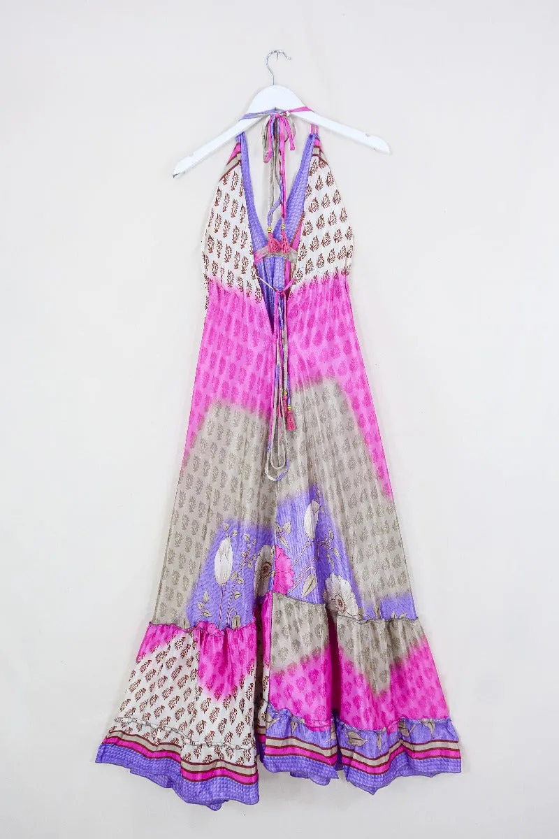 Blossom Halter-Neck Maxi Dress - Mushroom & Berries Motif - Free Size L/XL