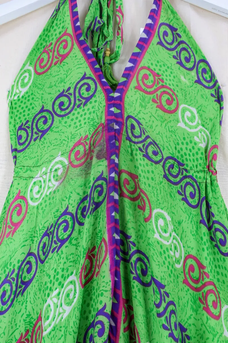 Blossom Halter-Neck Maxi Dress - Parakeet Green & Purple Swirls - Free Size S/M