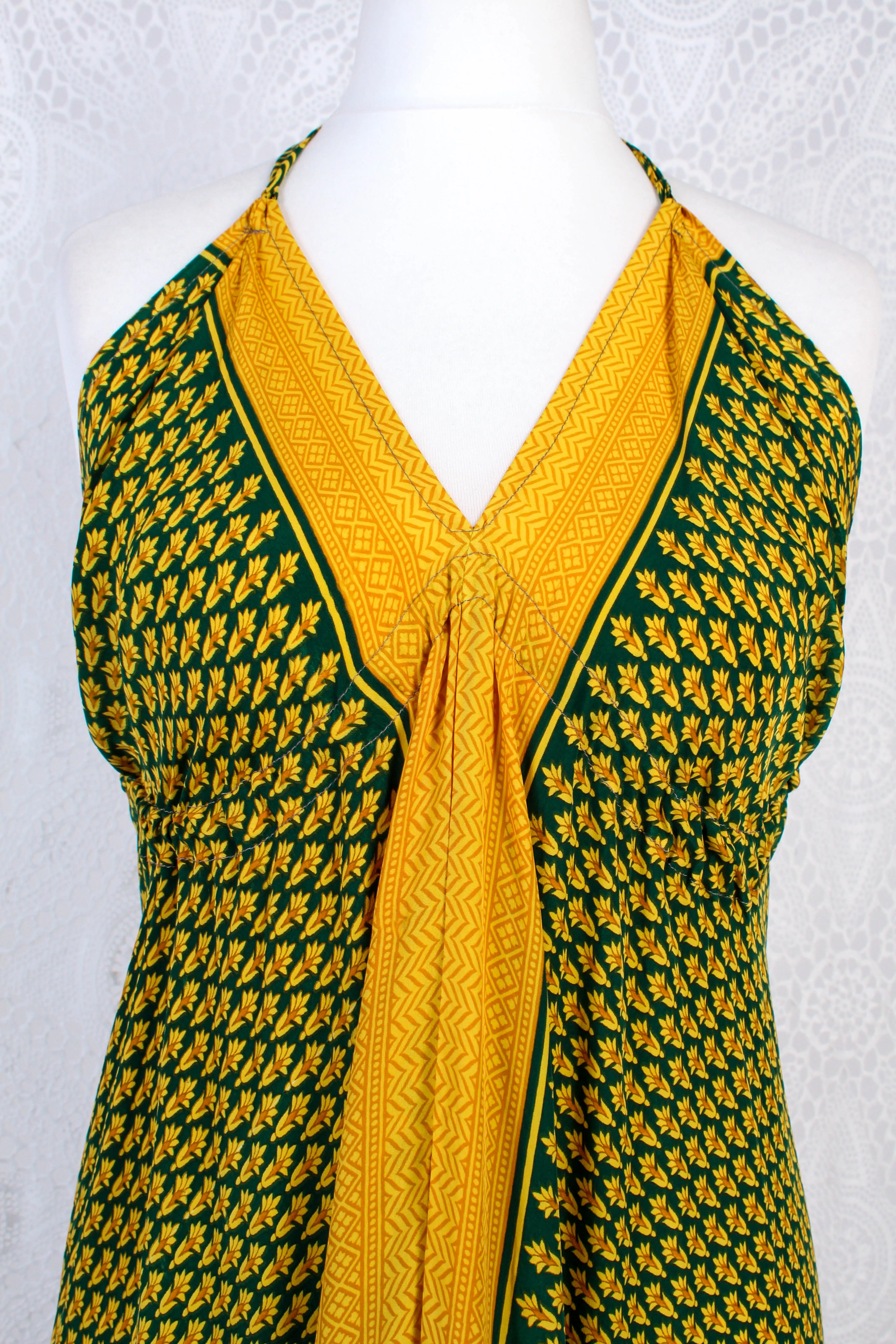 Blossom Halter-Neck Maxi Dress - Yellow & Dark Green Floral Sari (Free Size)